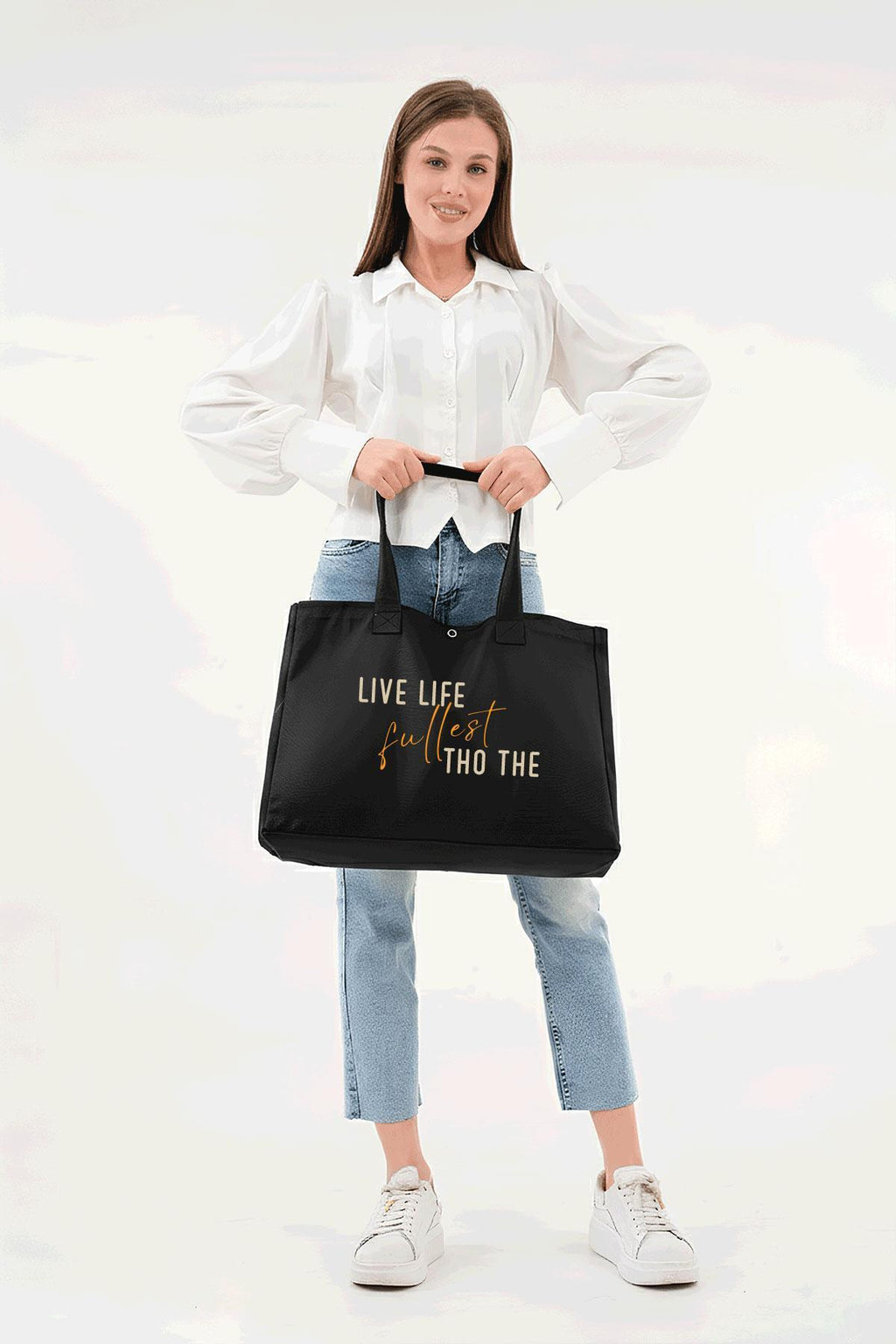 Siyah 3 Çıtlı Live Life Baskılı Büyük Boy Kanvas Çanta