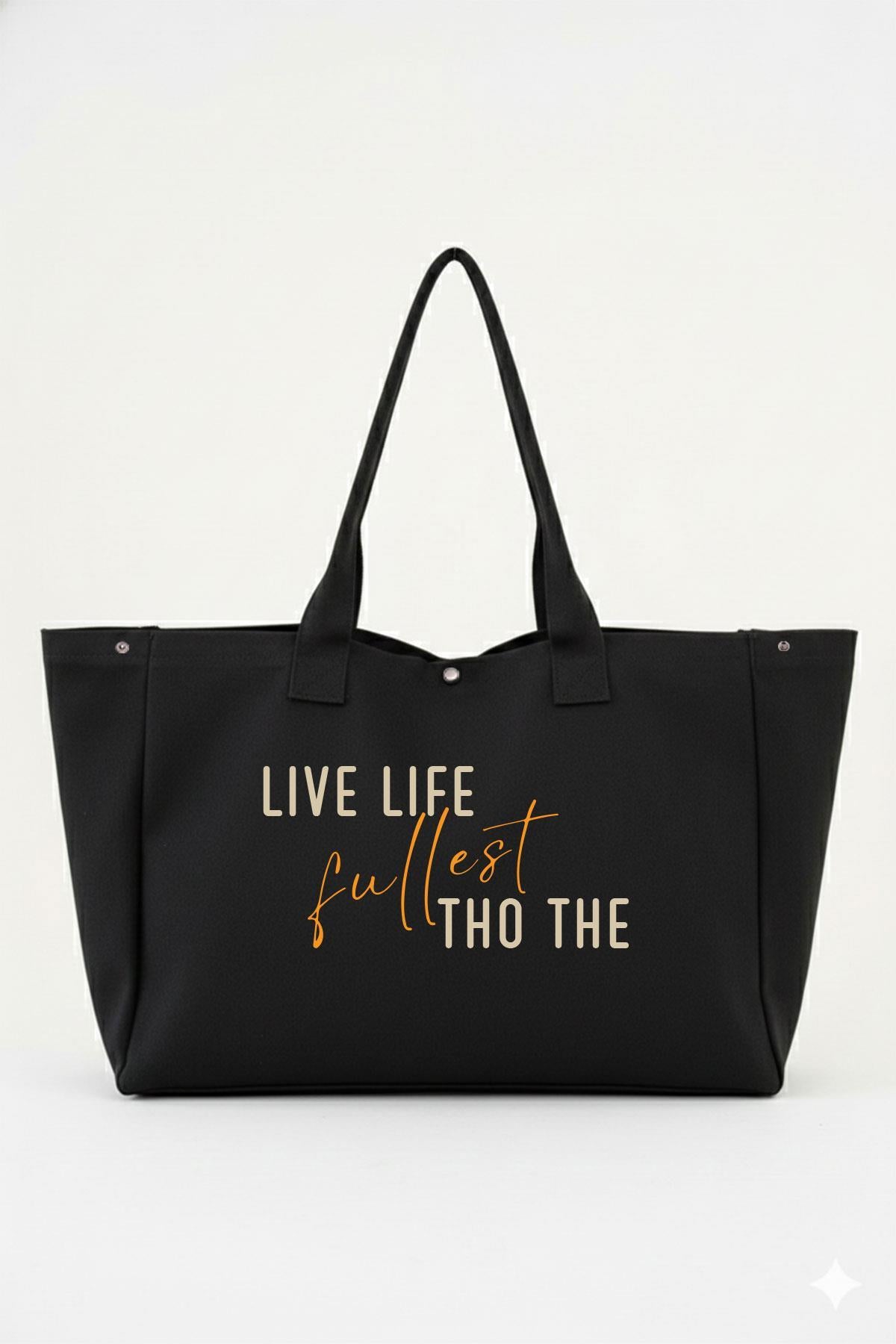 Siyah 3 Çıtlı Live Life Baskılı Büyük Boy Kanvas Çanta