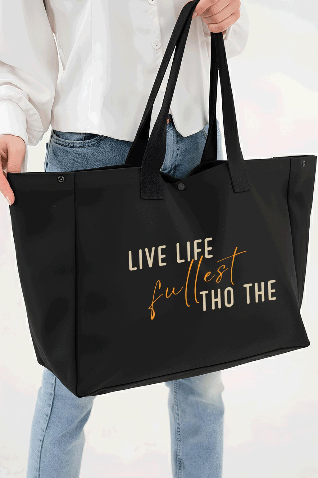 Siyah 3 Çıtlı Live Life Baskılı Büyük Boy Kanvas Çanta