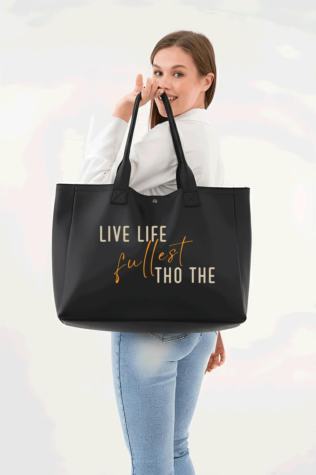 Siyah 3 Çıtlı Live Life Baskılı Büyük Boy Kanvas Çanta