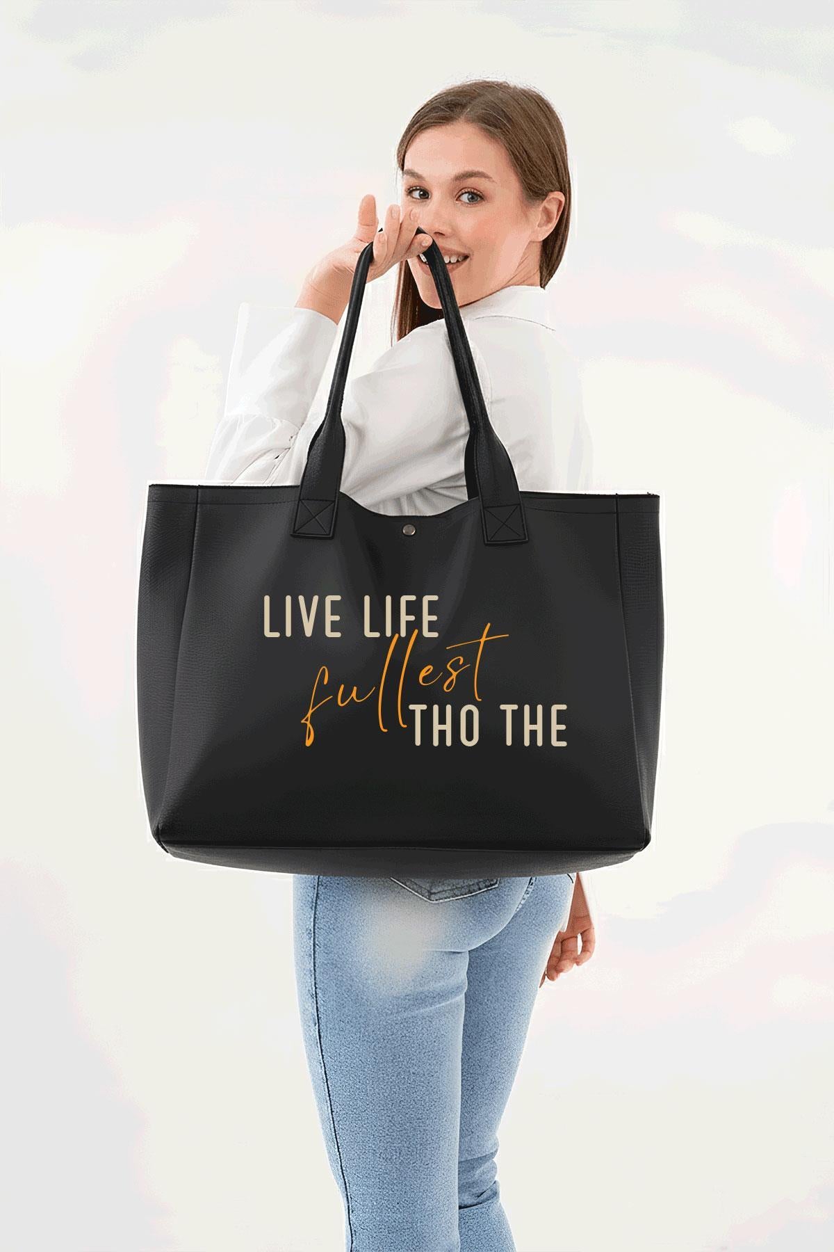 Siyah 3 Çıtlı Live Life Baskılı Büyük Boy Kanvas Çanta