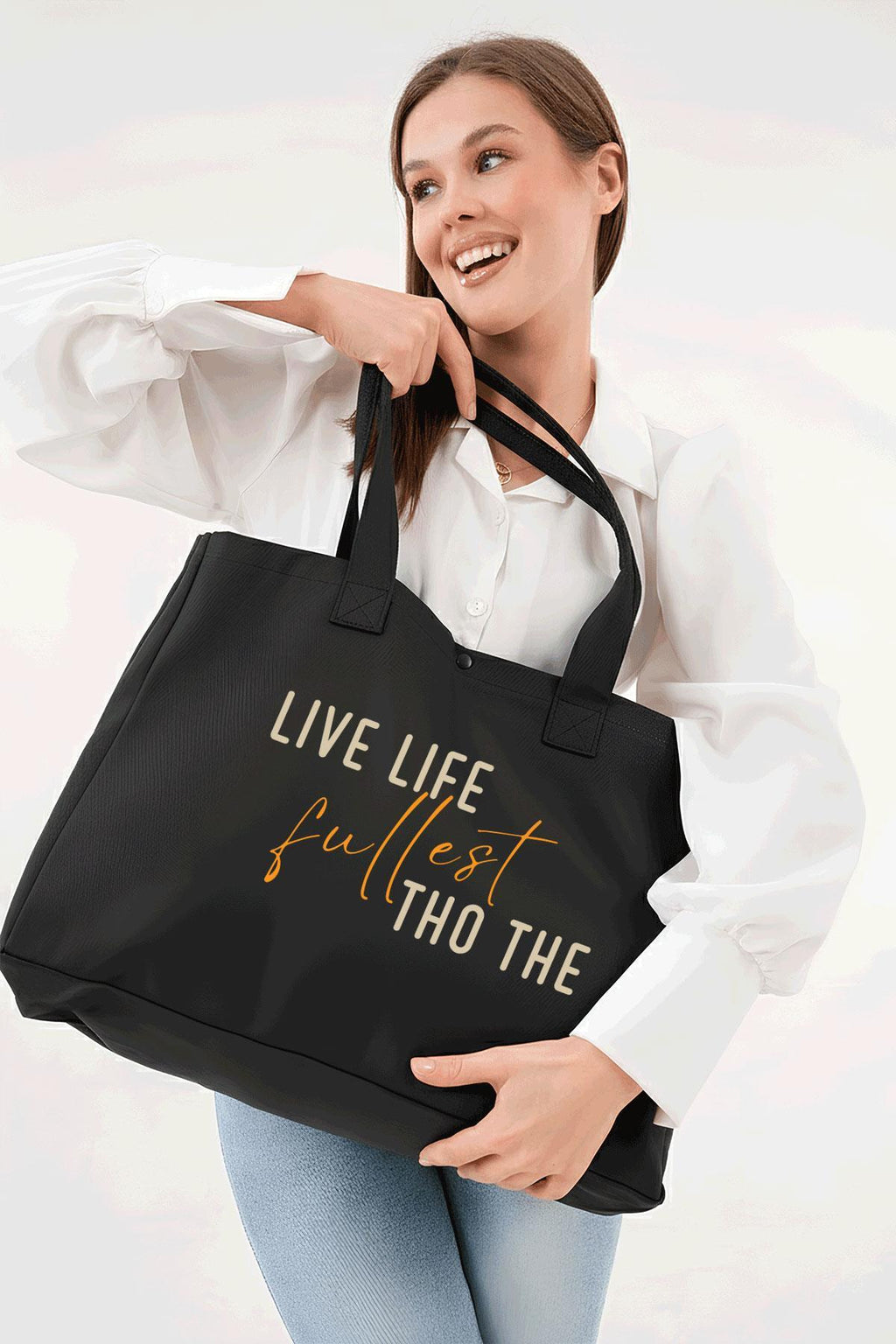 Siyah 3 Çıtlı Live Life Baskılı Büyük Boy Kanvas Çanta