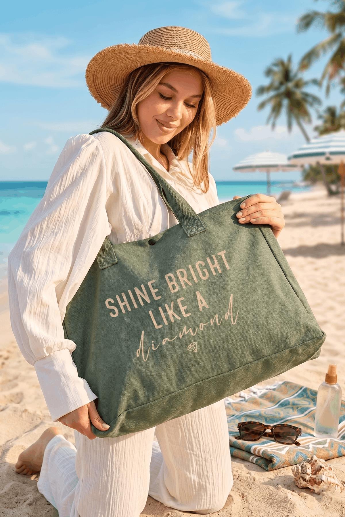 3 Çıtlı Elmas Baskılı Yeşil Büyük Boy Kanvas Çanta