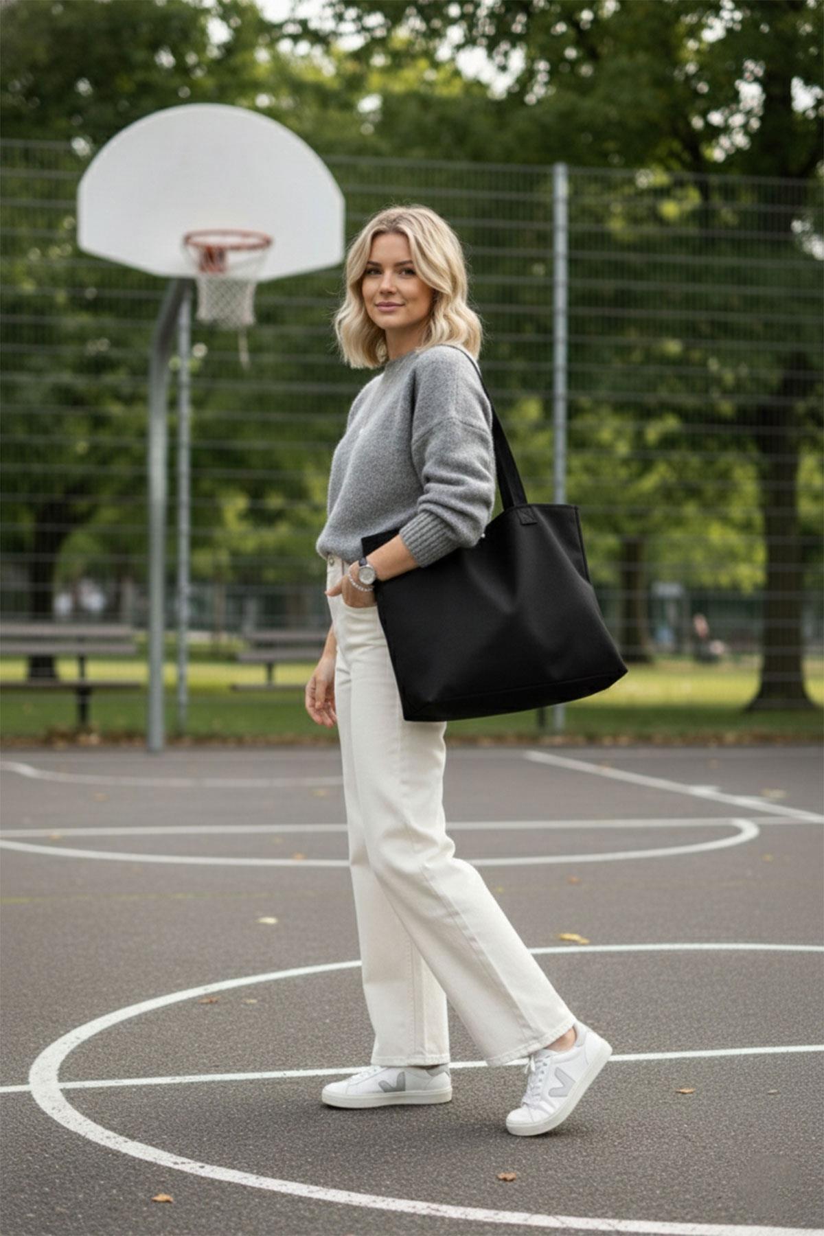 Siyah 3 Çıtlı Büyük Boy Kanvas Çanta