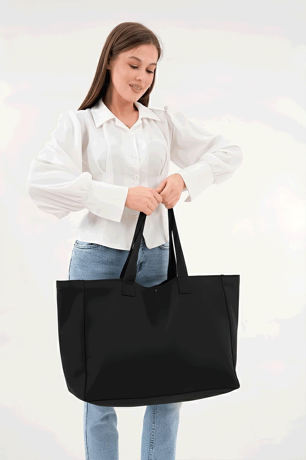 Siyah 3 Çıtlı Büyük Boy Kanvas Çanta