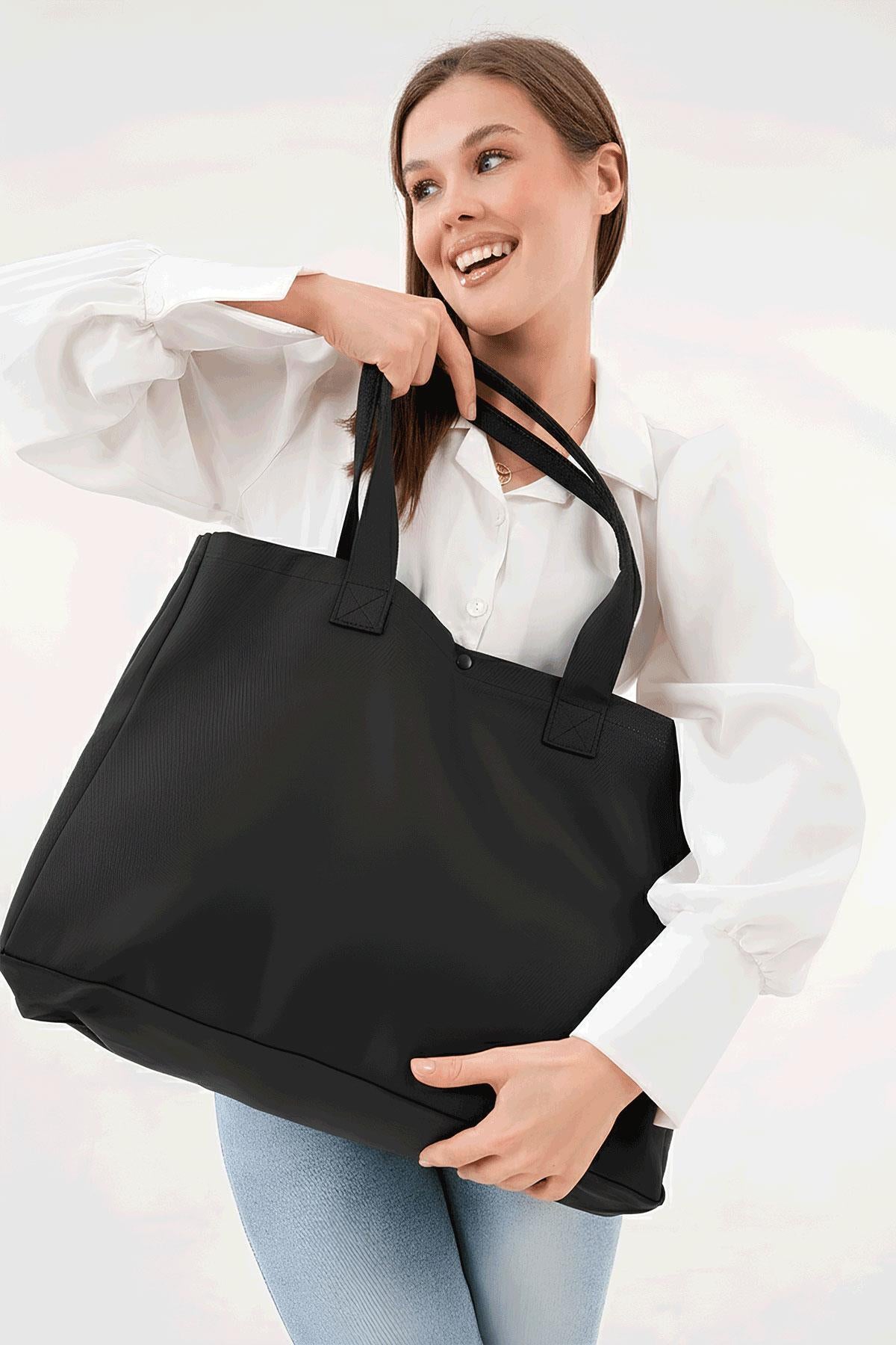 Siyah 3 Çıtlı Büyük Boy Kanvas Çanta