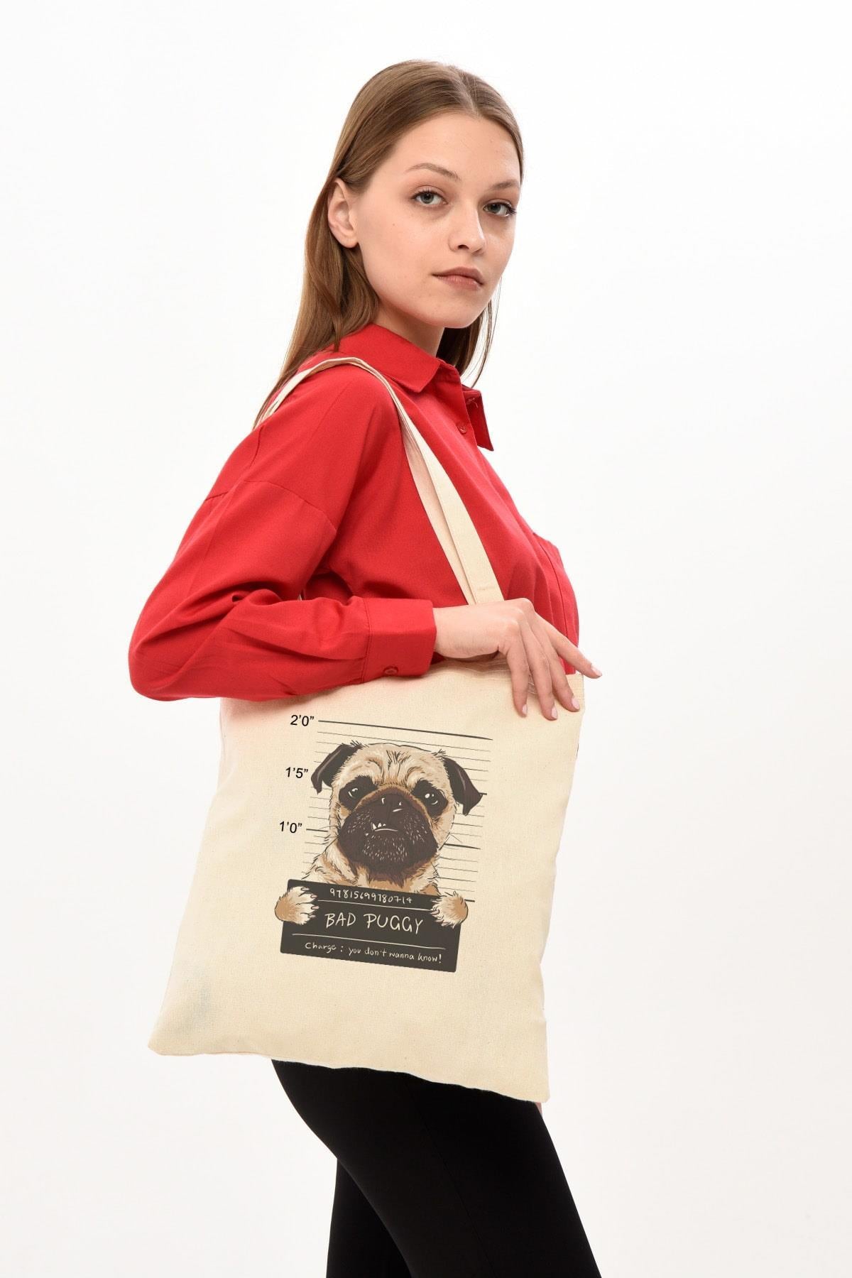 Bad Puggy Baskılı Ham Bez Çanta