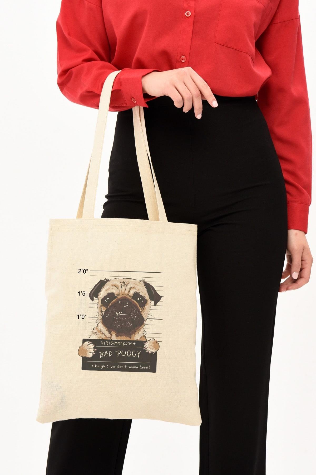 Bad Puggy Baskılı Ham Bez Çanta