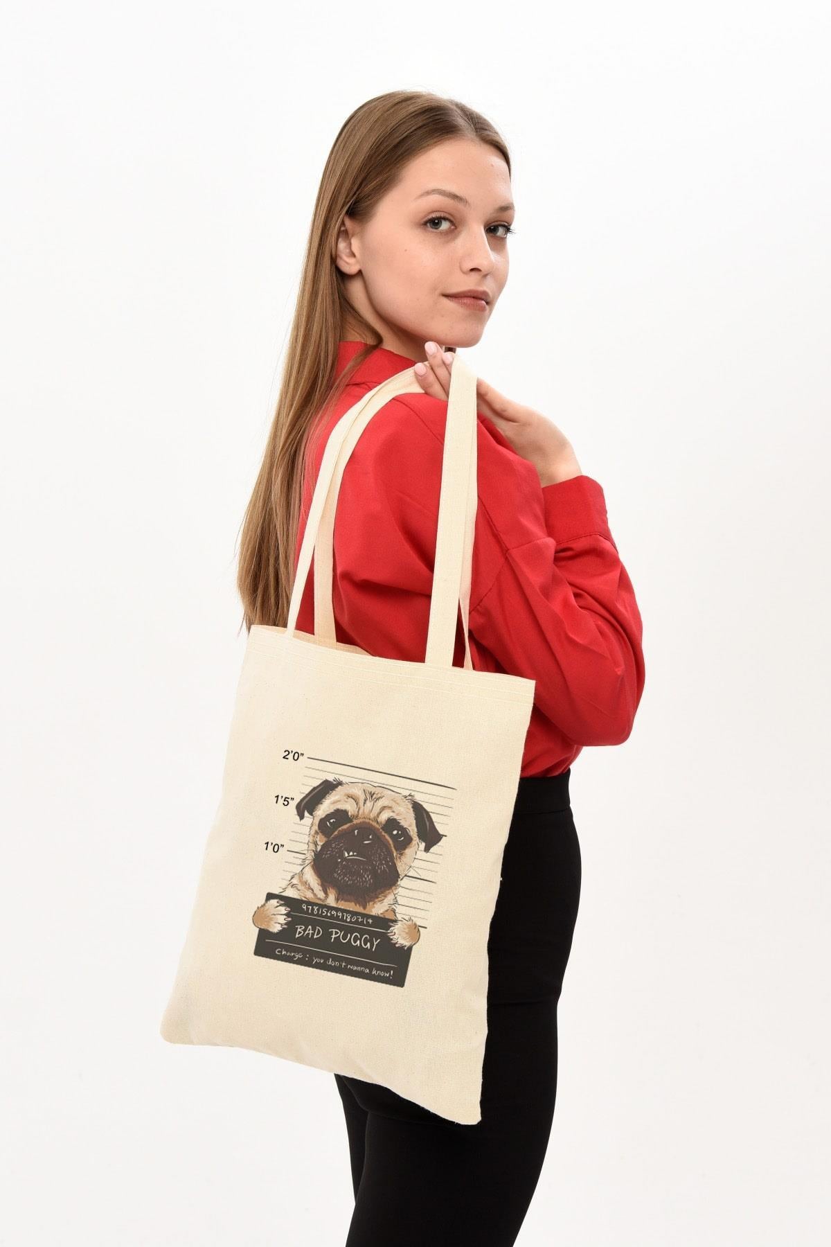 Bad Puggy Baskılı Ham Bez Çanta