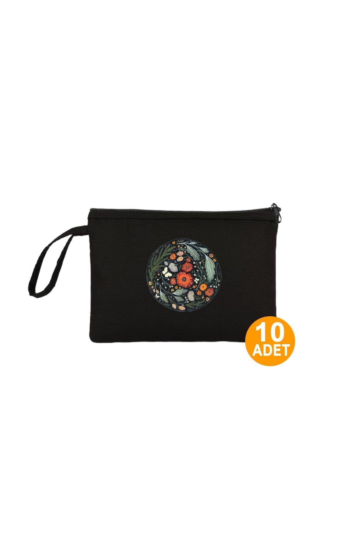 Çift Taraf Çiçek Baskılı Siyah Clutch 10Adet -180gr