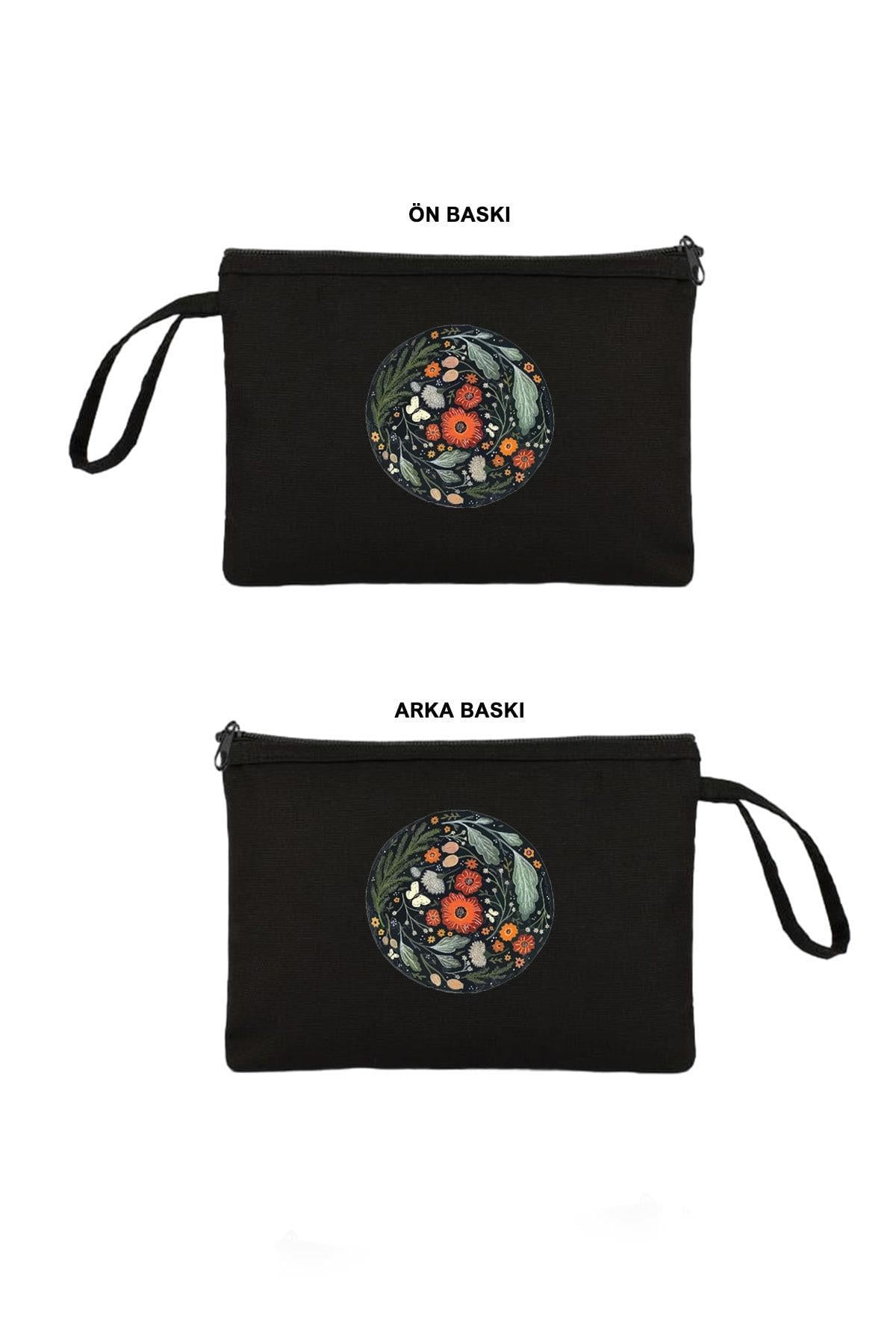 Çift Taraf Çiçek Baskılı Siyah Clutch 10Adet -180gr