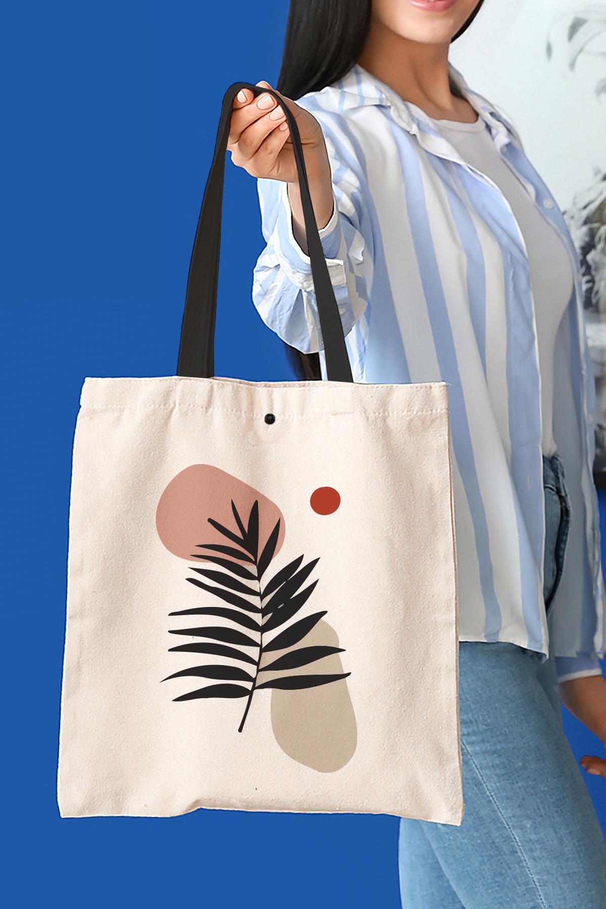 Çıtlı Black Art Leaf Kanvas Kumaş Bez Çanta