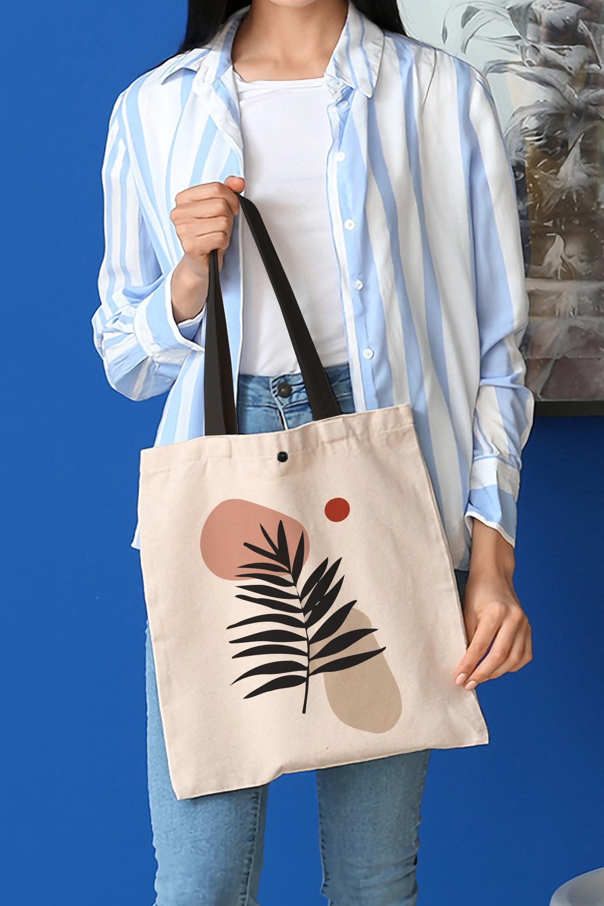 Çıtlı Black Art Leaf Kanvas Kumaş Bez Çanta