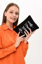 Clutch 4 Dallı Çiçek Siyah Kanvas Makyaj Çantası
