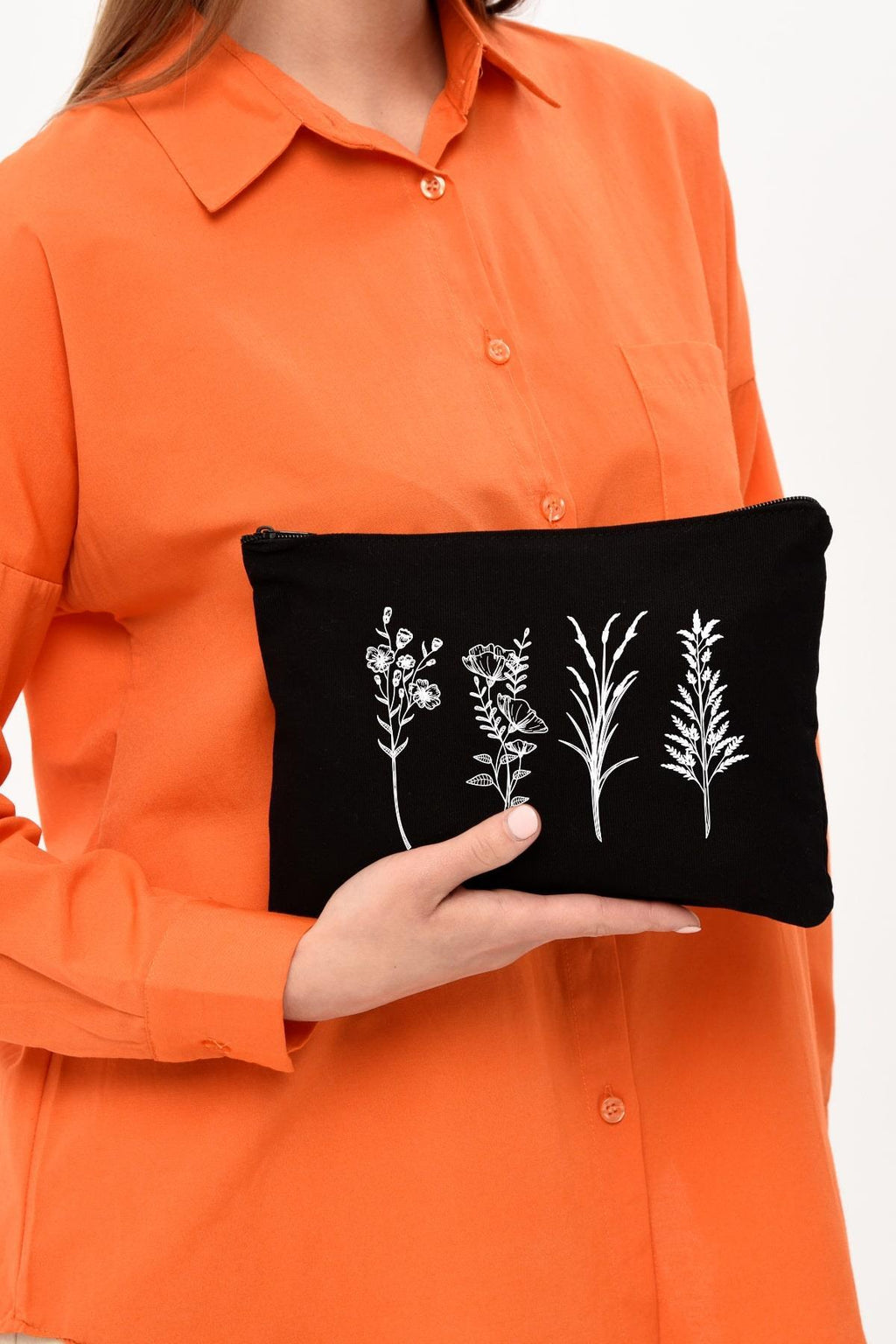 Clutch 4 Dallı Çiçek Siyah Kanvas Makyaj Çantası
