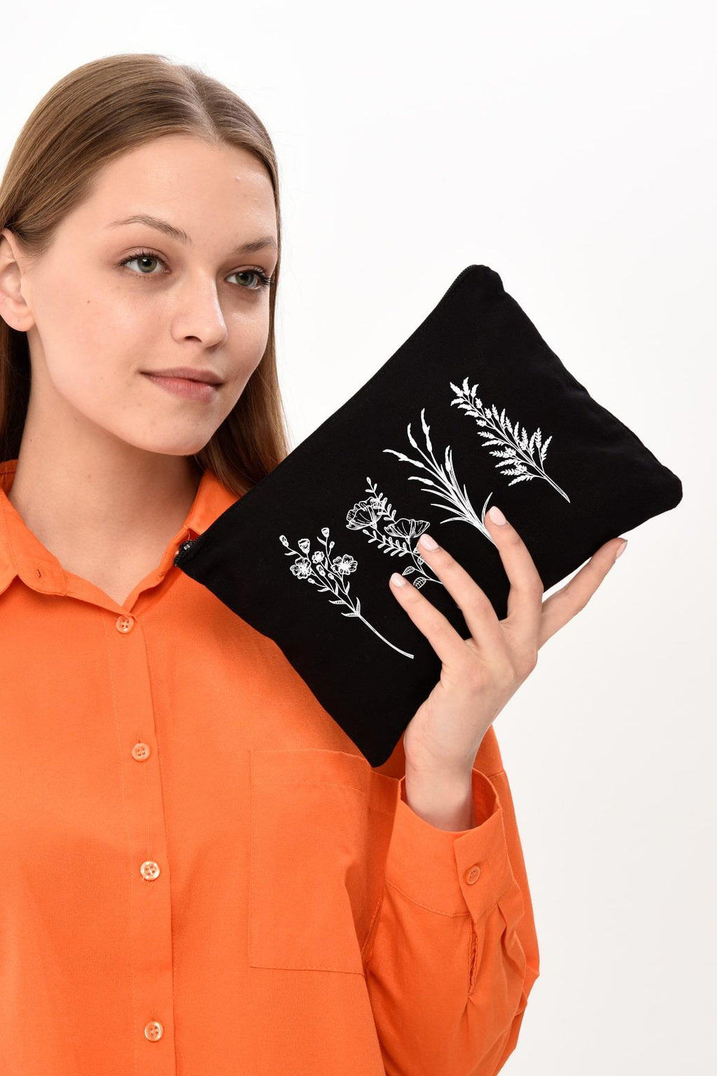 Clutch 4 Dallı Çiçek Siyah Kanvas Makyaj Çantası
