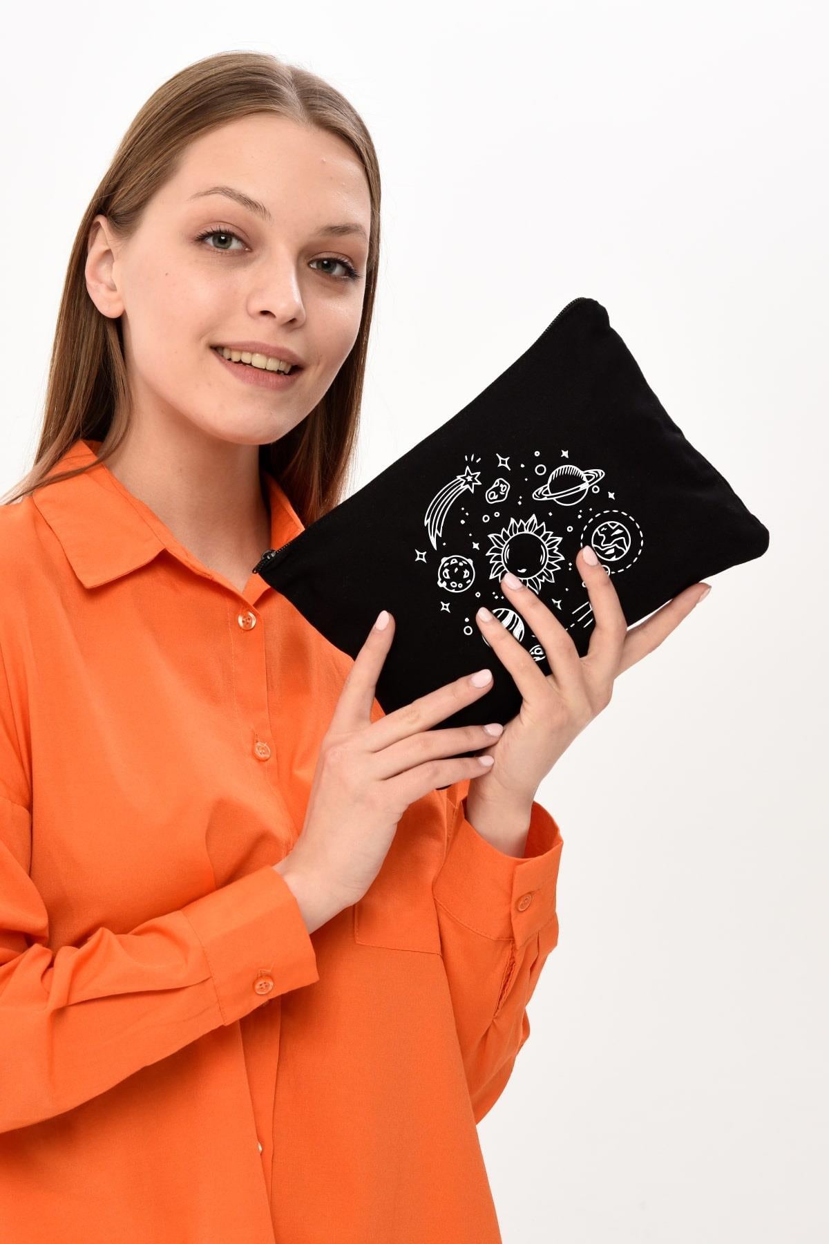 Clutch Aesthetic Planets Siyah Kanvas Makyaj Çantası
