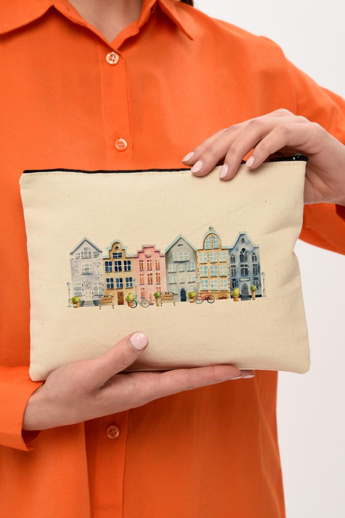 Clutch Amsterdam Evleri Kanvas Makyaj Çantası