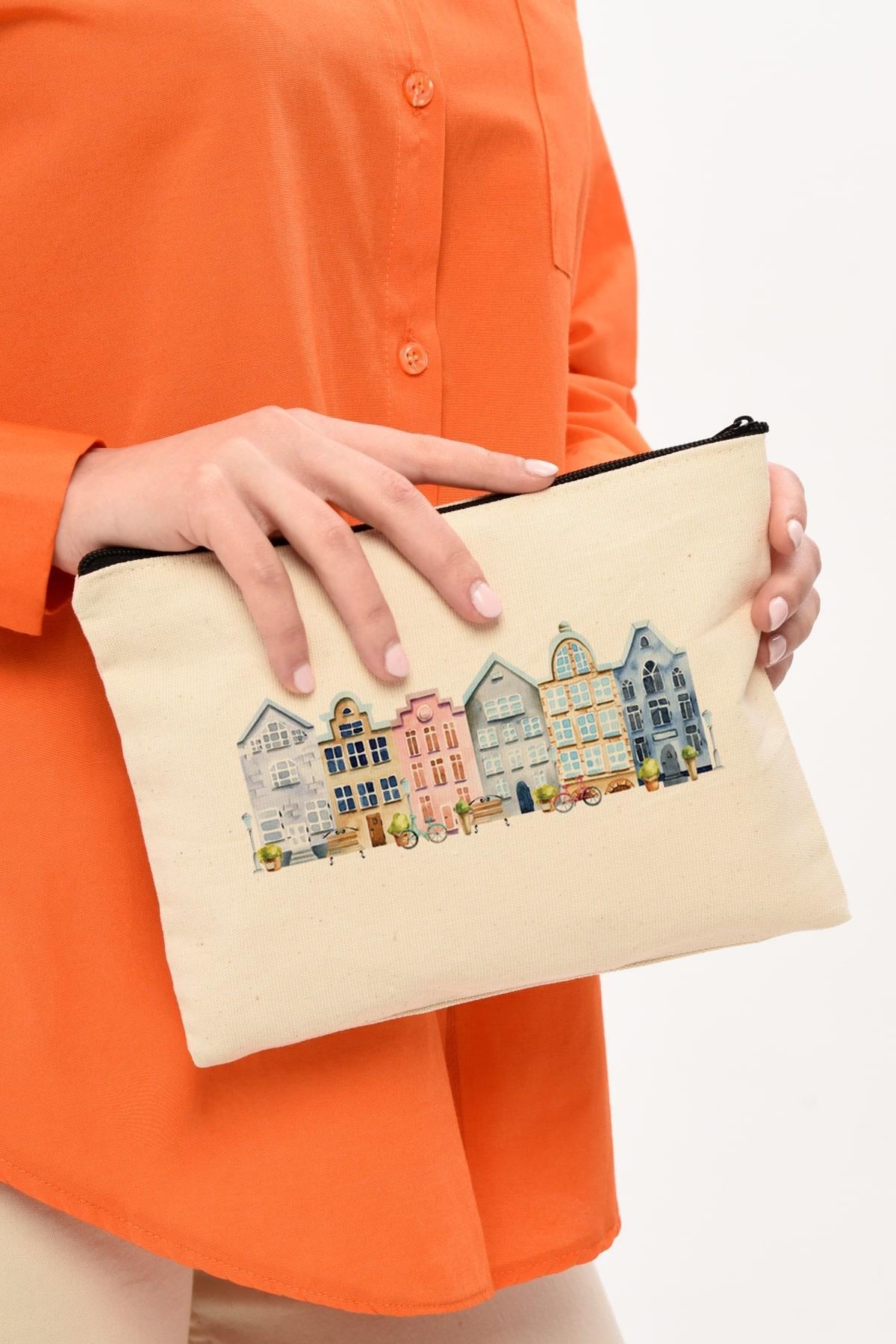 Clutch Amsterdam Evleri Kanvas Makyaj Çantası