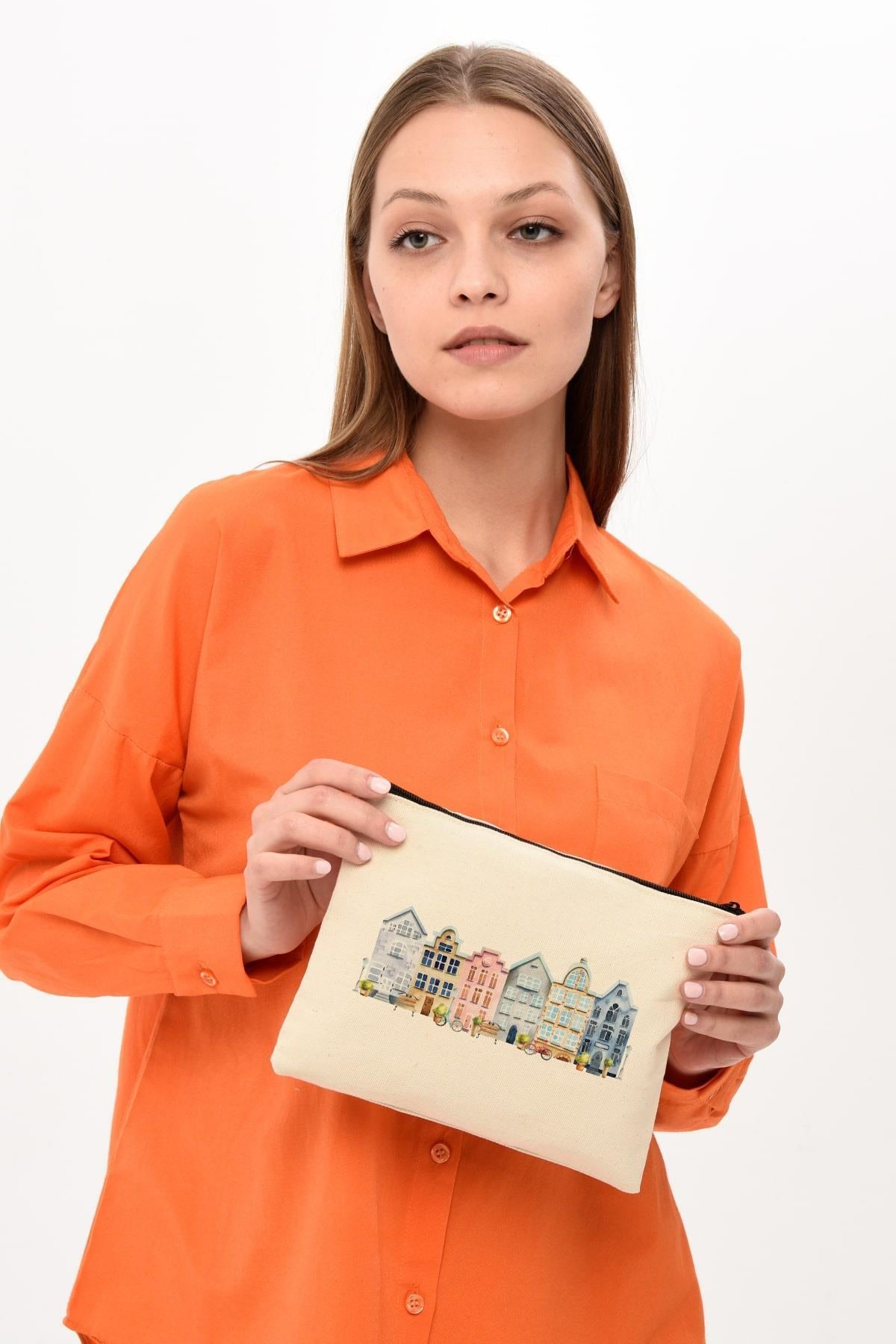 Clutch Amsterdam Evleri Kanvas Makyaj Çantası