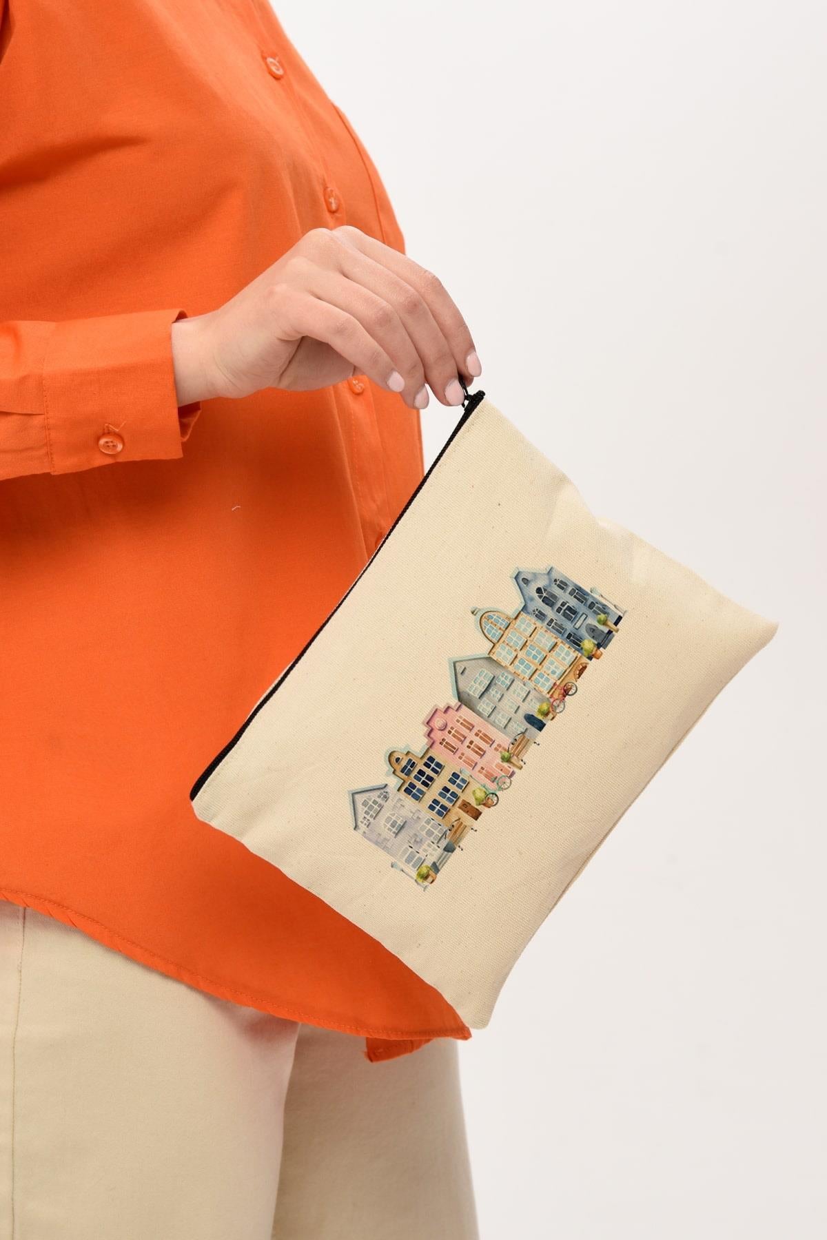 Clutch Amsterdam Evleri Kanvas Makyaj Çantası