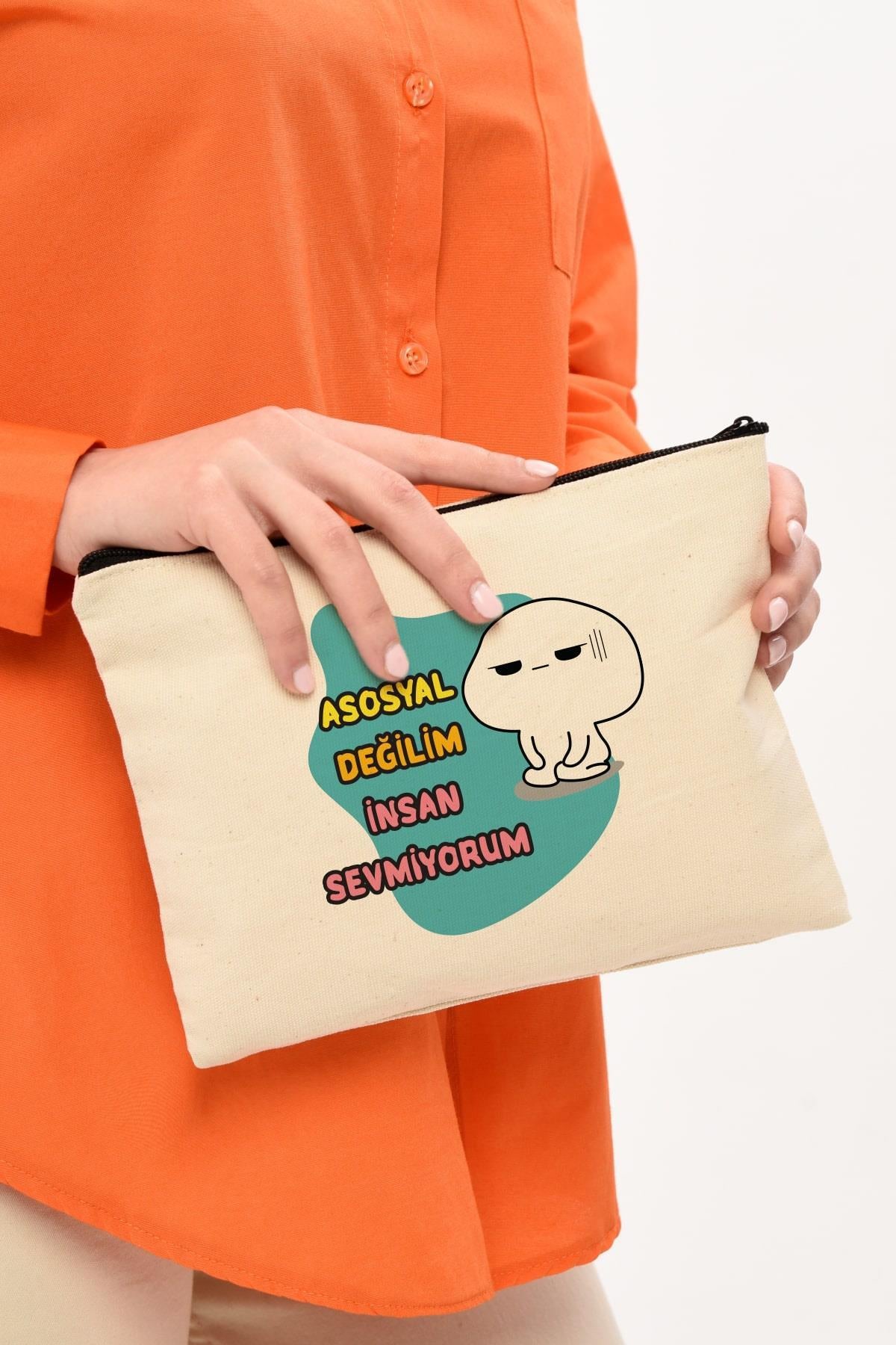 Clutch Asosyal Baskılı Kanvas Makyaj Çantası