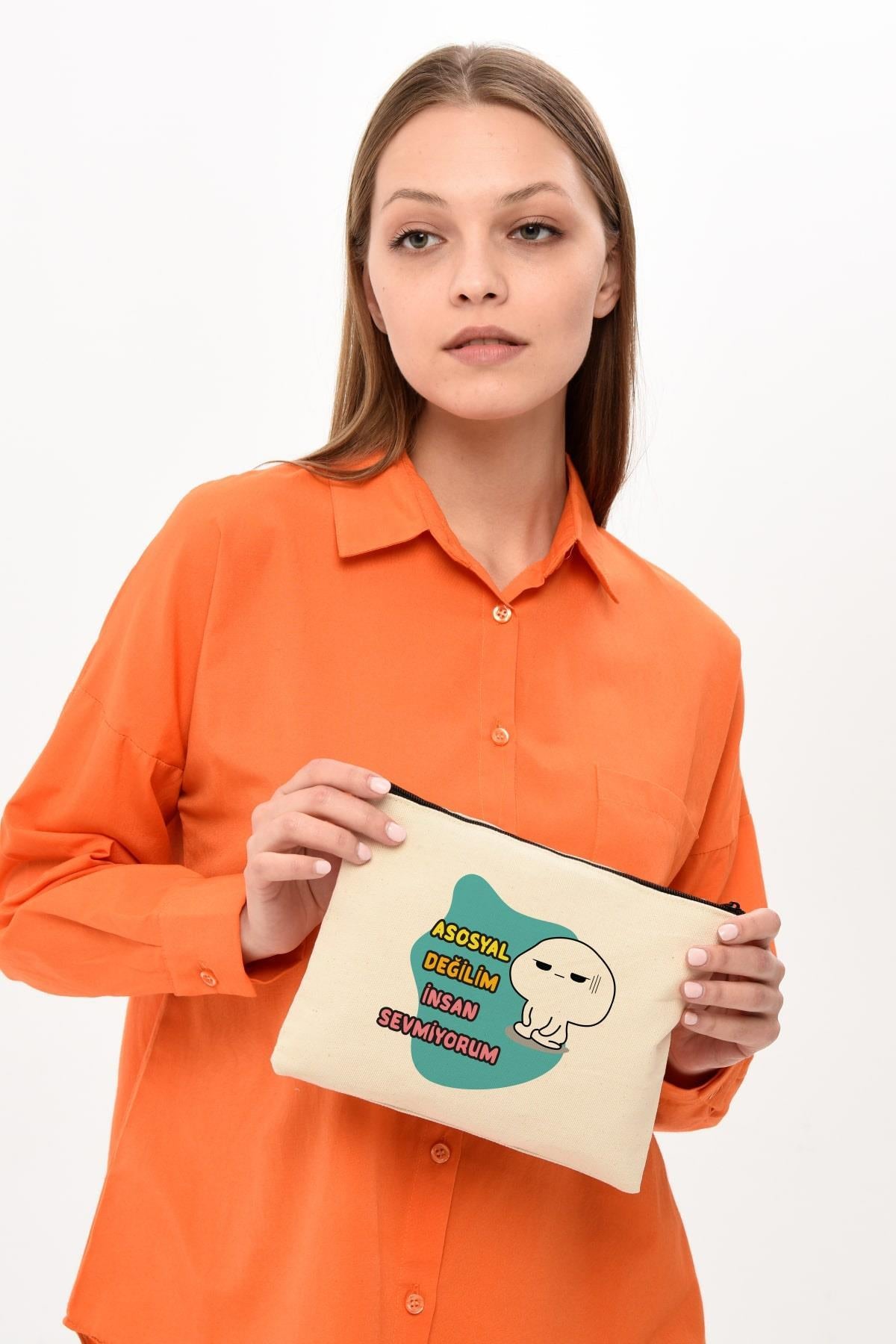 Clutch Asosyal Baskılı Kanvas Makyaj Çantası