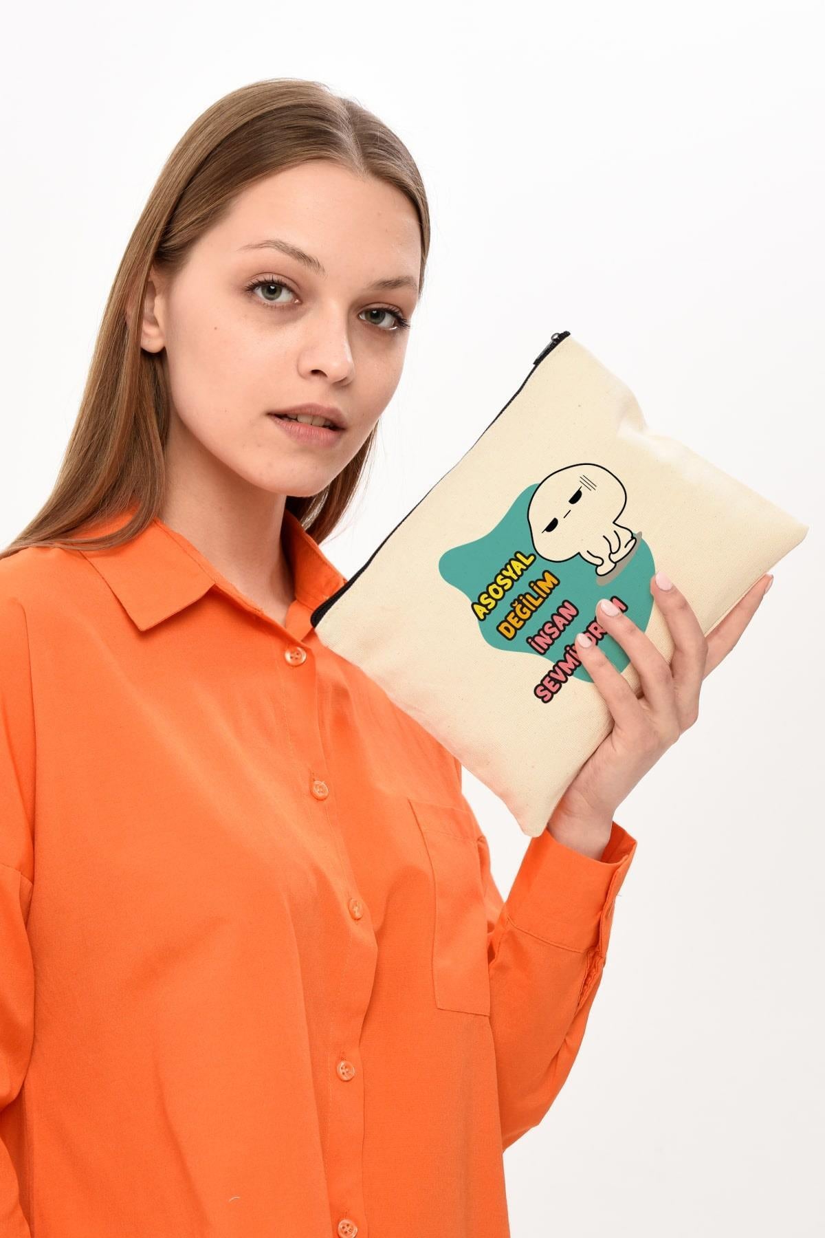 Clutch Asosyal Baskılı Kanvas Makyaj Çantası