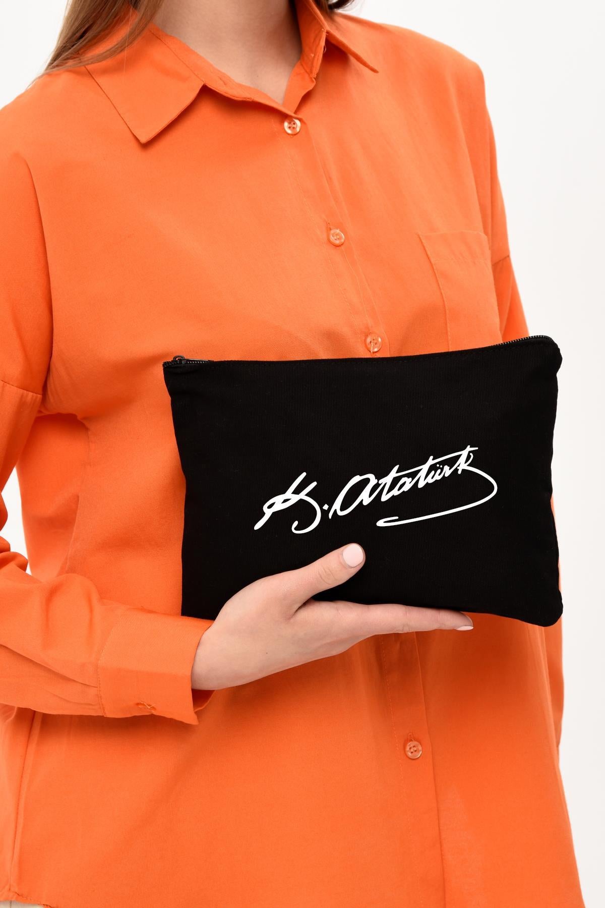 Clutch Atatürk Baskılı SİYAH Kanvas Makyaj Çantası
