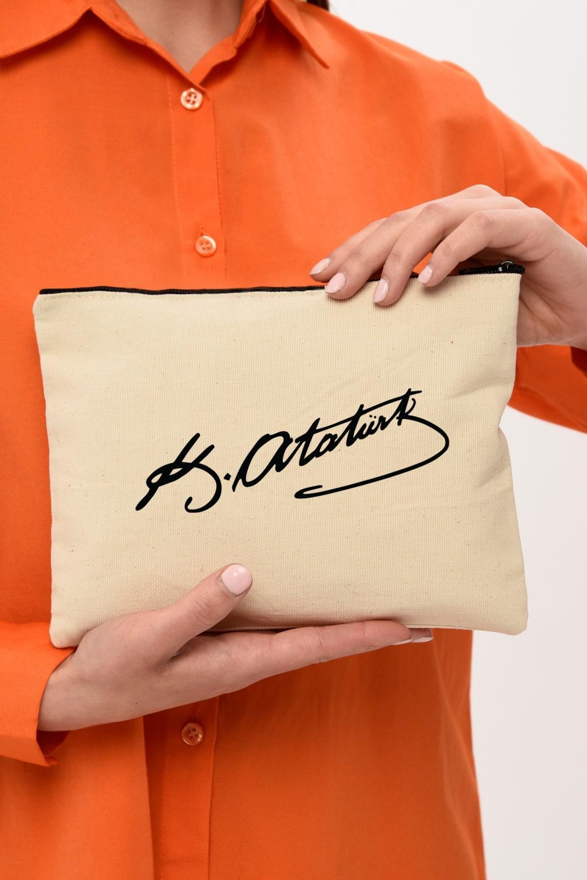 Clutch Atatürk İmza Baskılı Kanvas Makyaj Çantası