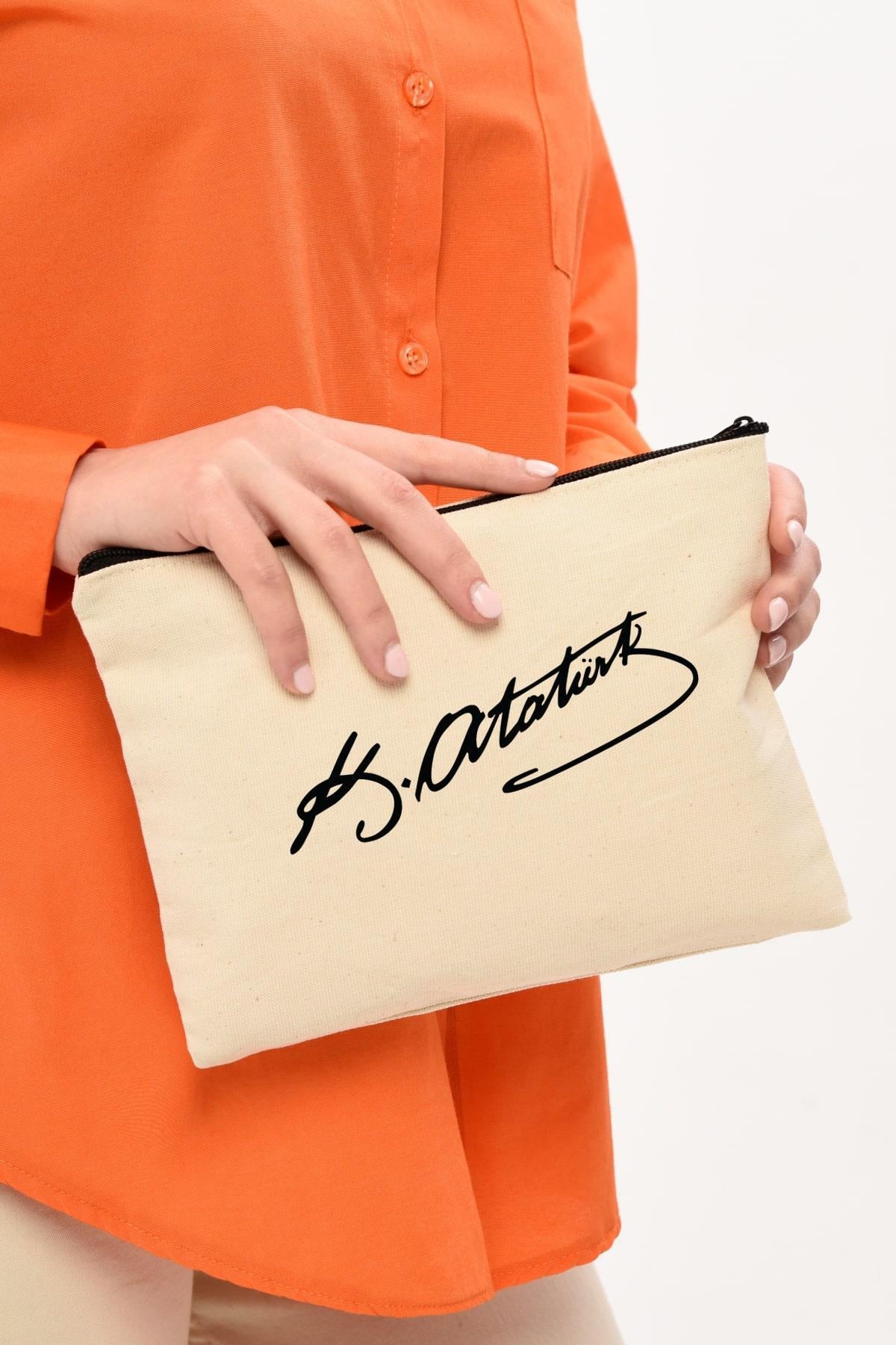 Clutch Atatürk İmza Baskılı Kanvas Makyaj Çantası