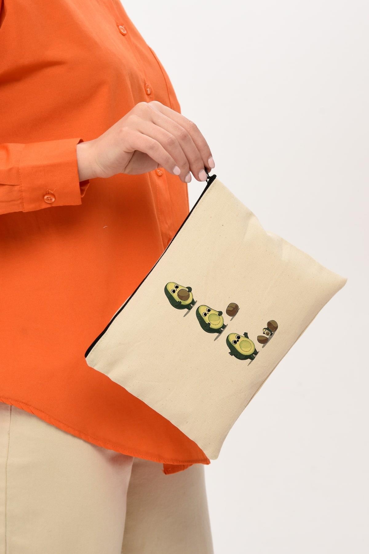 Clutch Avokado ve Yavrusu Kanvas Makyaj Çantası