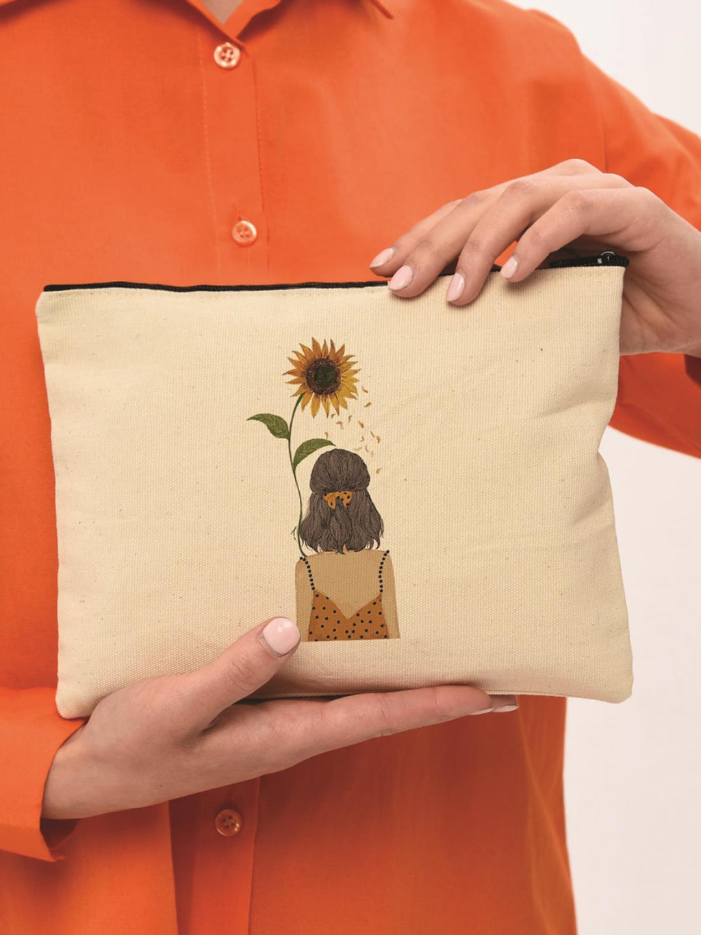 Clutch Ayçiçekli Kız Kanvas Makyaj Çantası