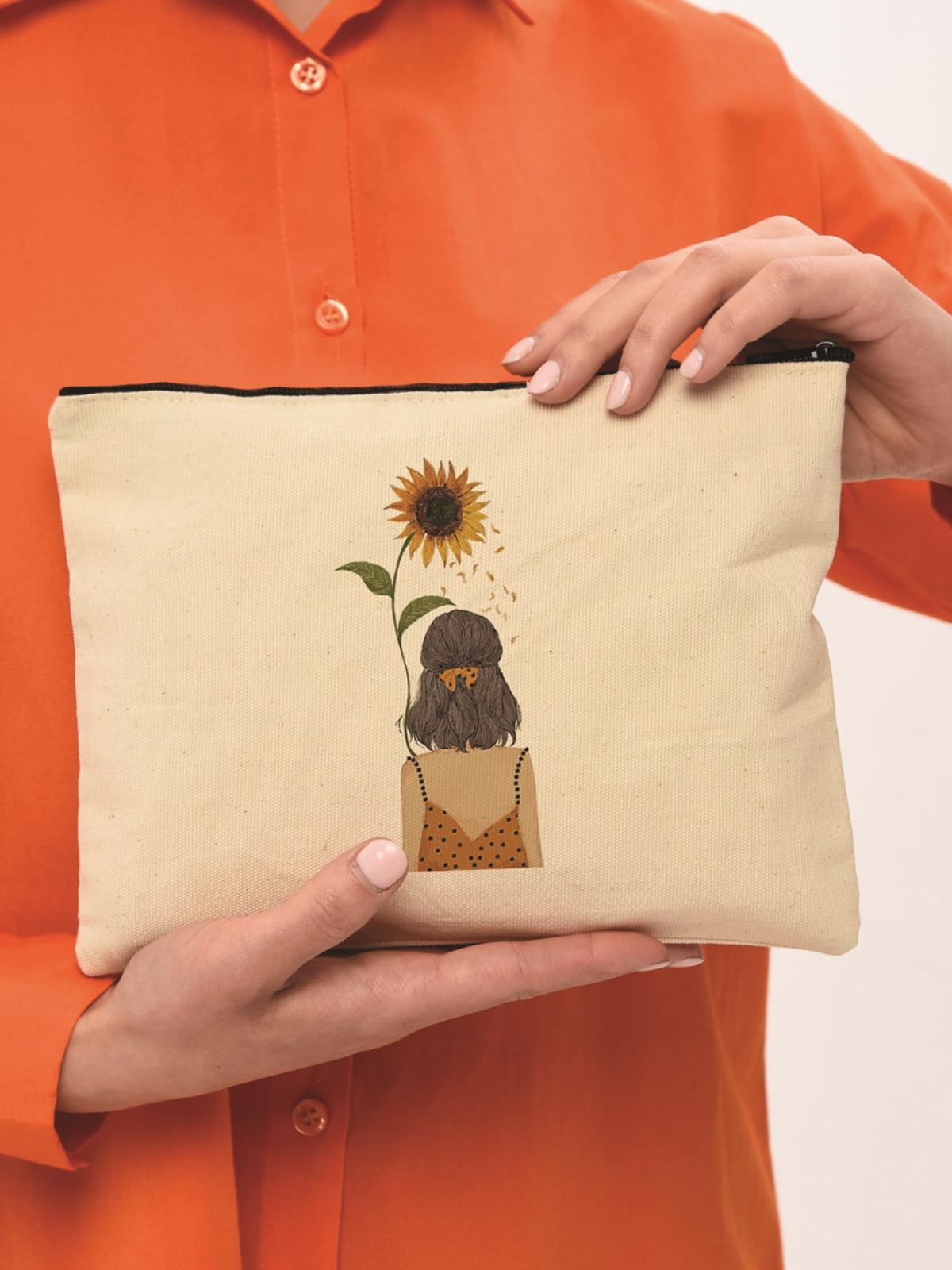 Clutch Ayçiçekli Kız Kanvas Makyaj Çantası