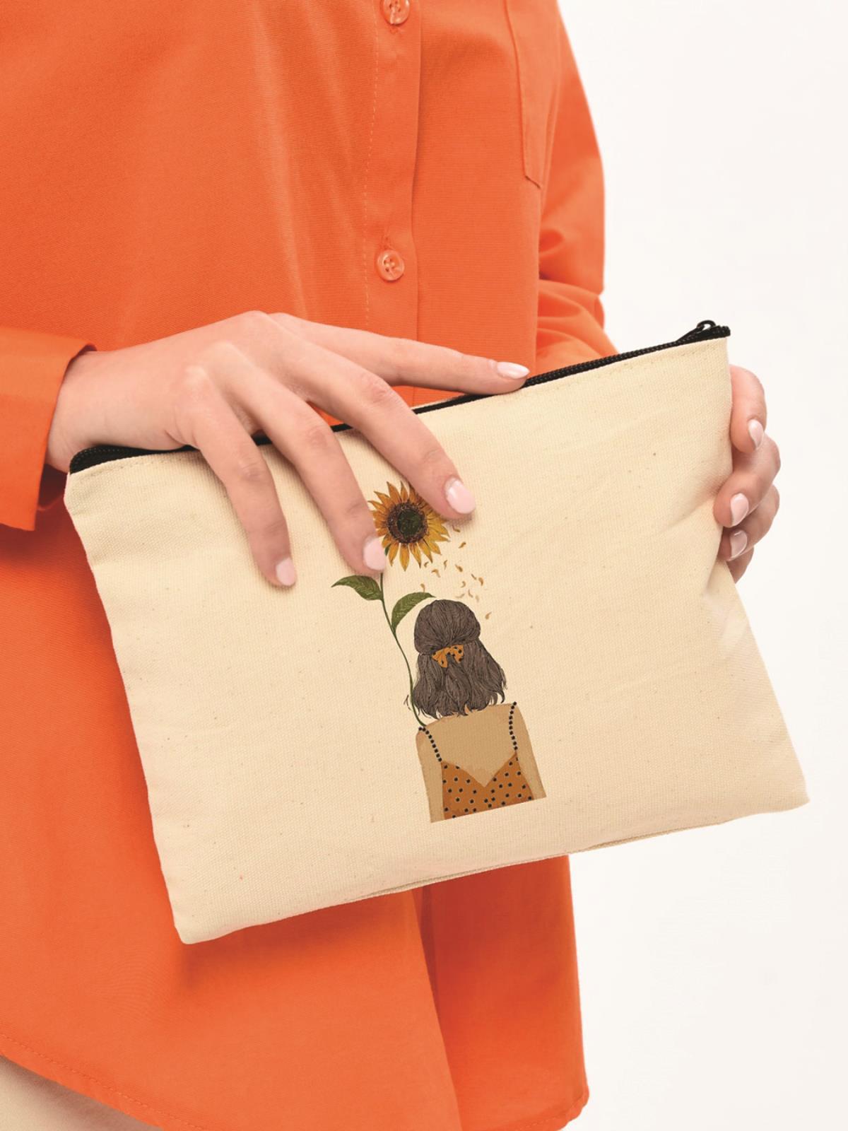 Clutch Ayçiçekli Kız Kanvas Makyaj Çantası