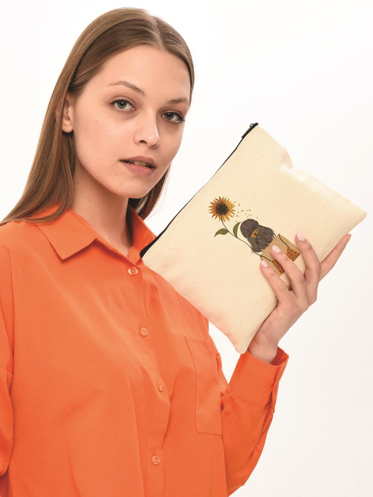 Clutch Ayçiçekli Kız Kanvas Makyaj Çantası