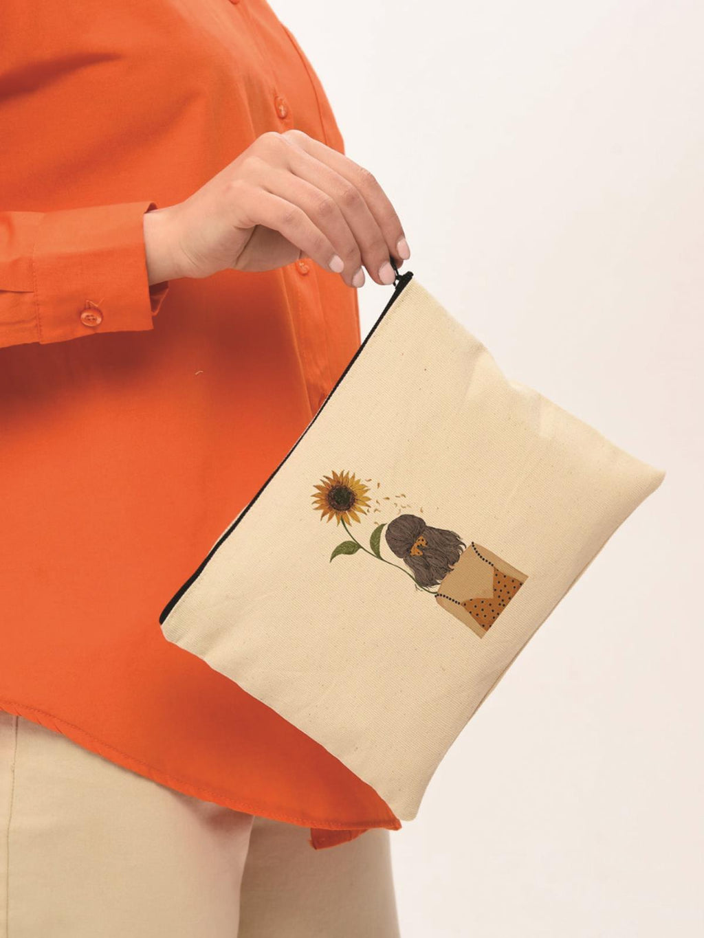 Clutch Ayçiçekli Kız Kanvas Makyaj Çantası