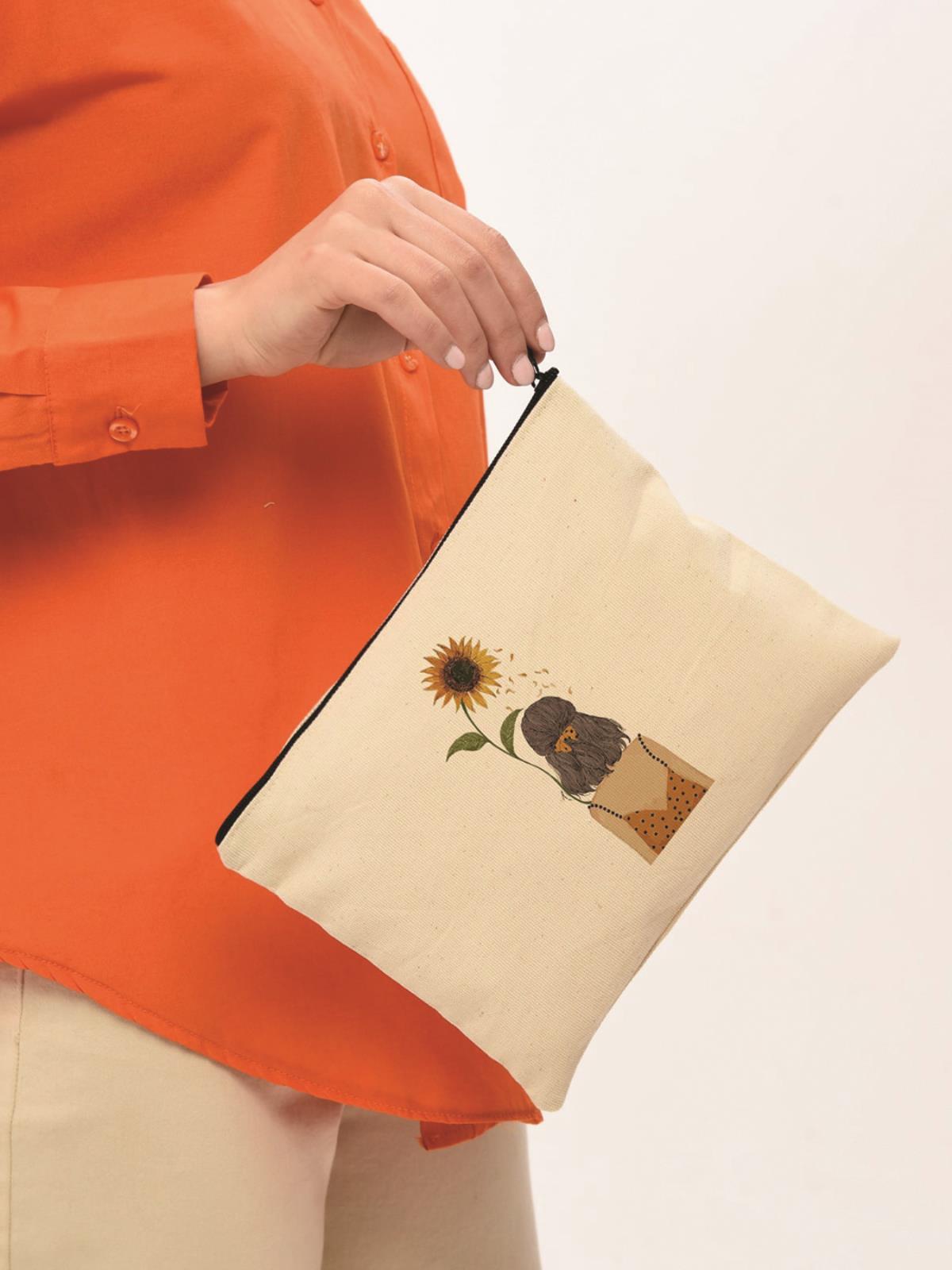 Clutch Ayçiçekli Kız Kanvas Makyaj Çantası