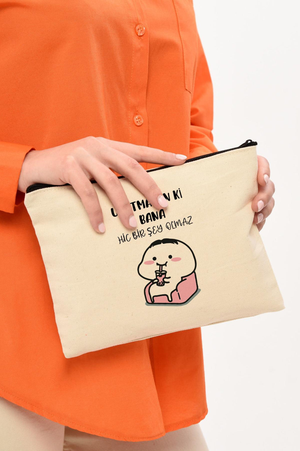 Clutch Bana Bir Şey Olmaz Baskılı Kanvas Makyaj Çantası
