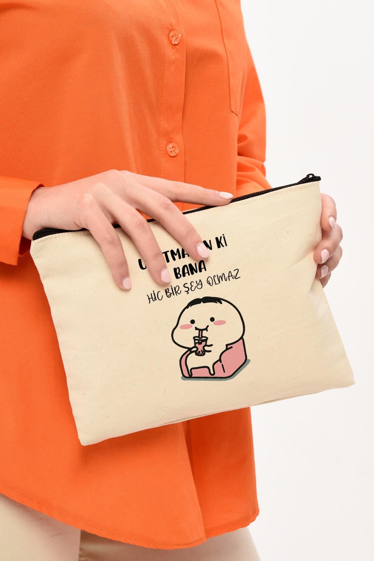 Clutch Bana Bir Şey Olmaz Baskılı Kanvas Makyaj Çantası