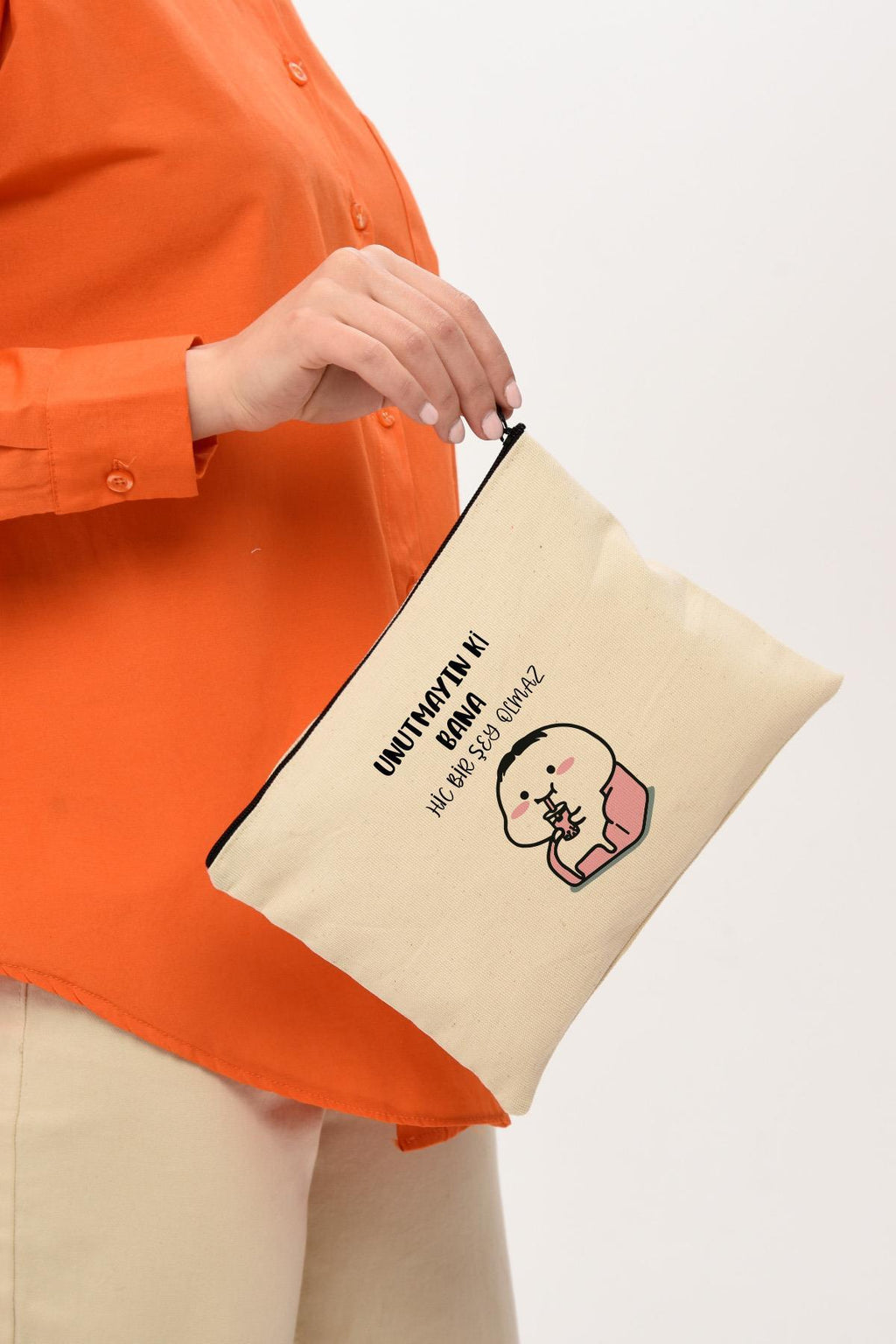 Clutch Bana Bir Şey Olmaz Baskılı Kanvas Makyaj Çantası