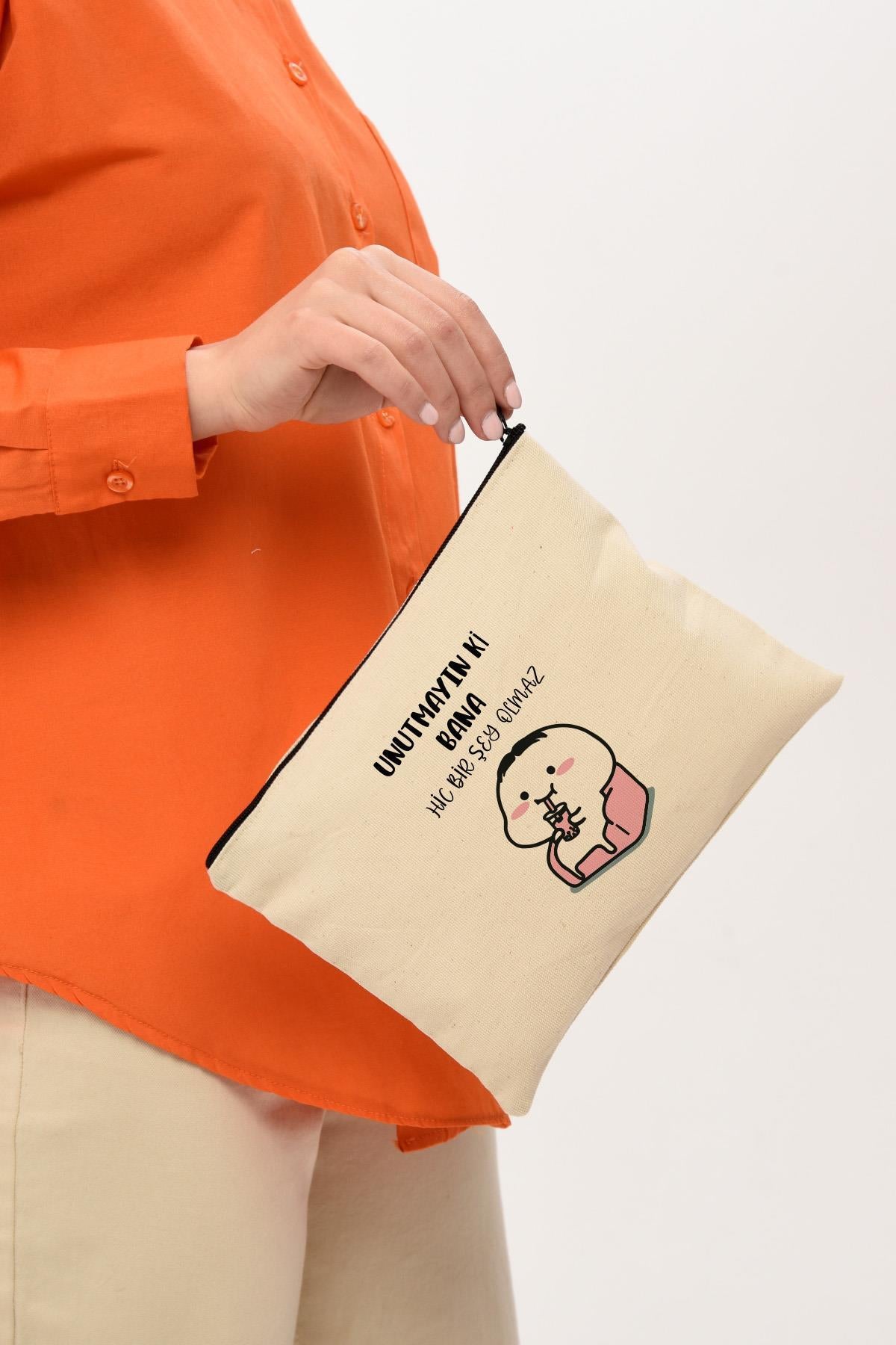 Clutch Bana Bir Şey Olmaz Baskılı Kanvas Makyaj Çantası