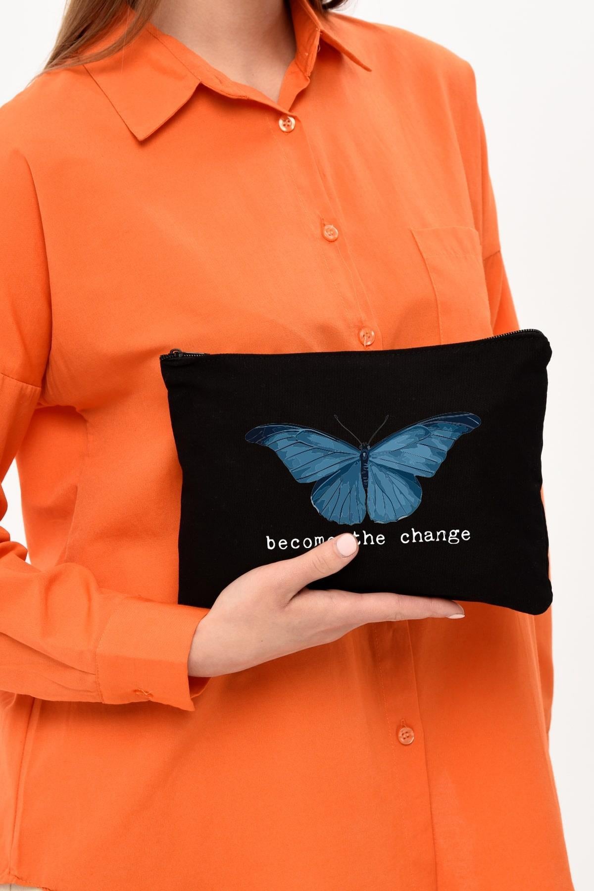 Clutch Become The Change Siyah Kanvas Makyaj Çantası