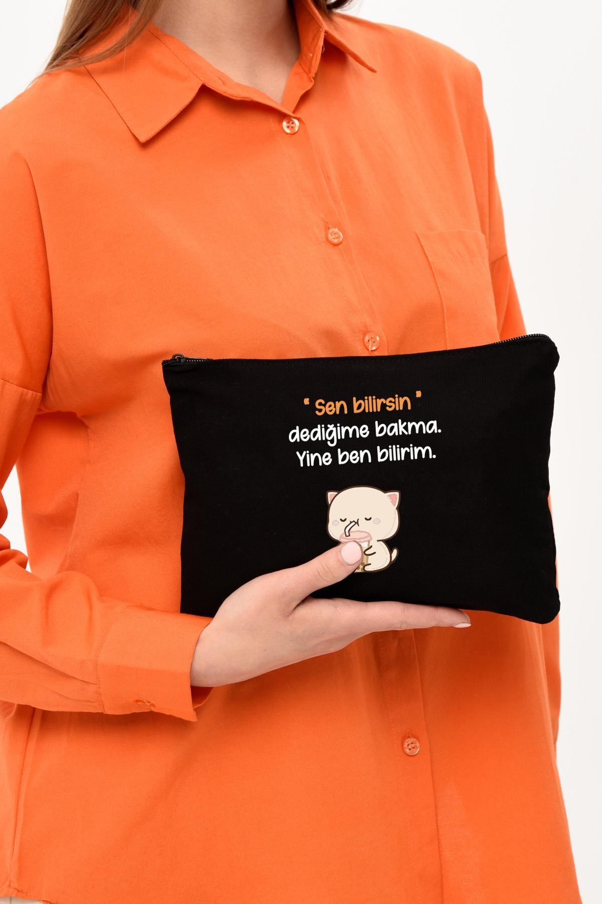 Clutch Ben Bilirim Baskılı SİYAH Kanvas Makyaj Çantası