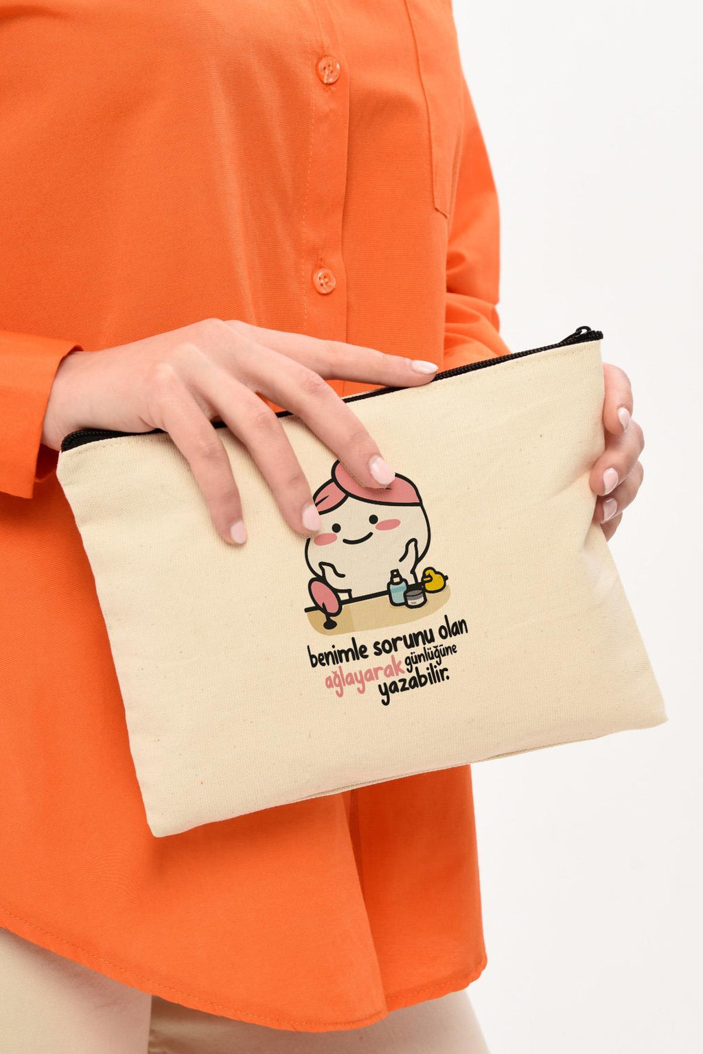 Clutch Benimle Sorunu Olan Baskılı Kanvas Makyaj Çantası