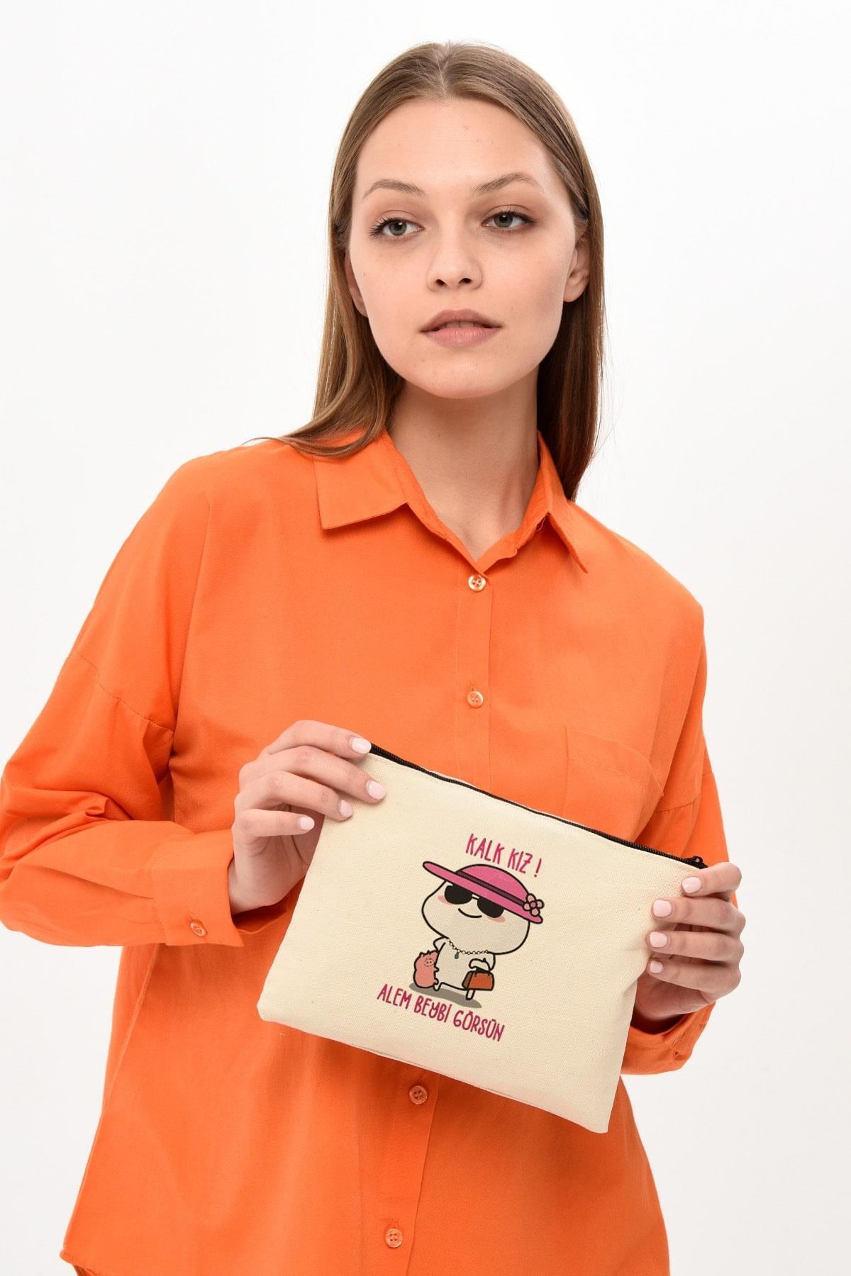 Clutch Beybi Baskılı Kanvas Makyaj Çantası