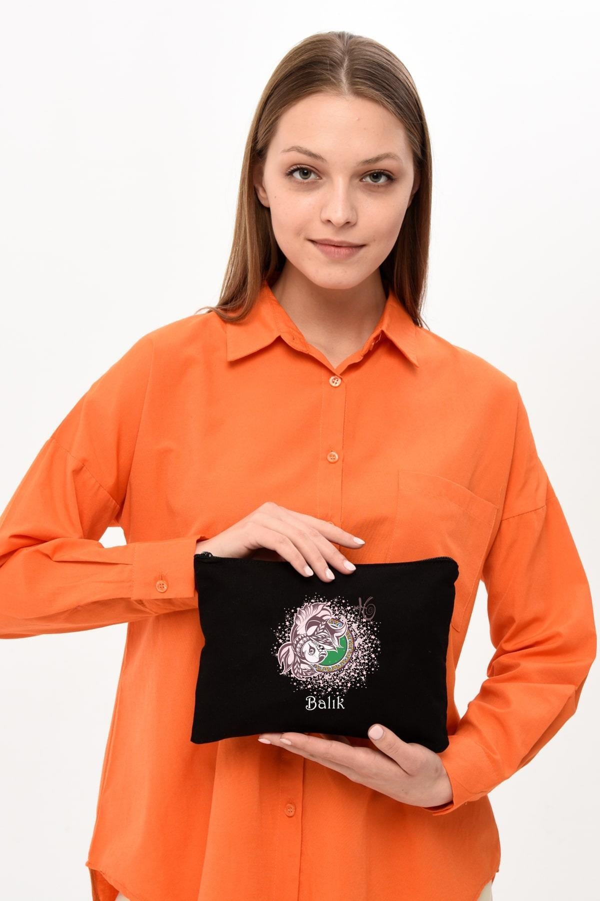 Clutch Burç Serisi - Balık Baskılı SİYAH Kanvas Makyaj Çantası