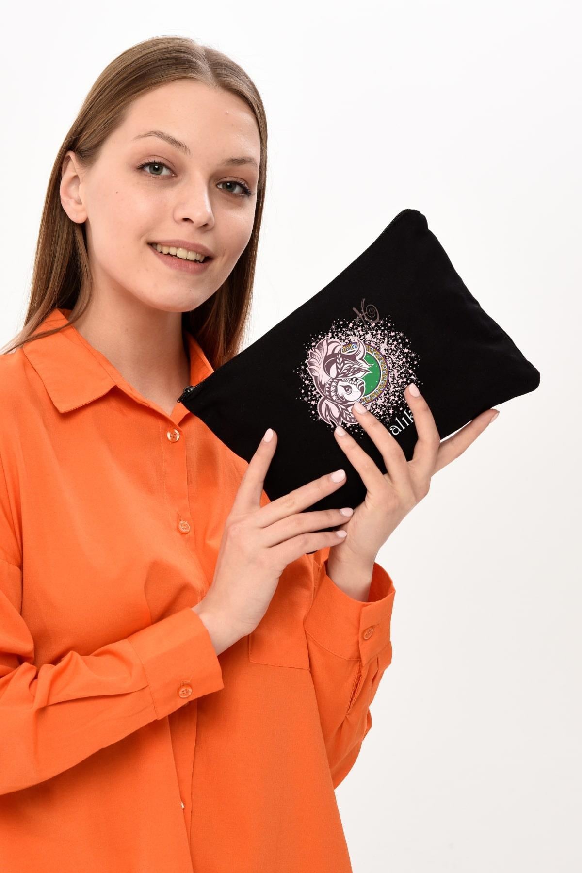 Clutch Burç Serisi - Balık Baskılı SİYAH Kanvas Makyaj Çantası