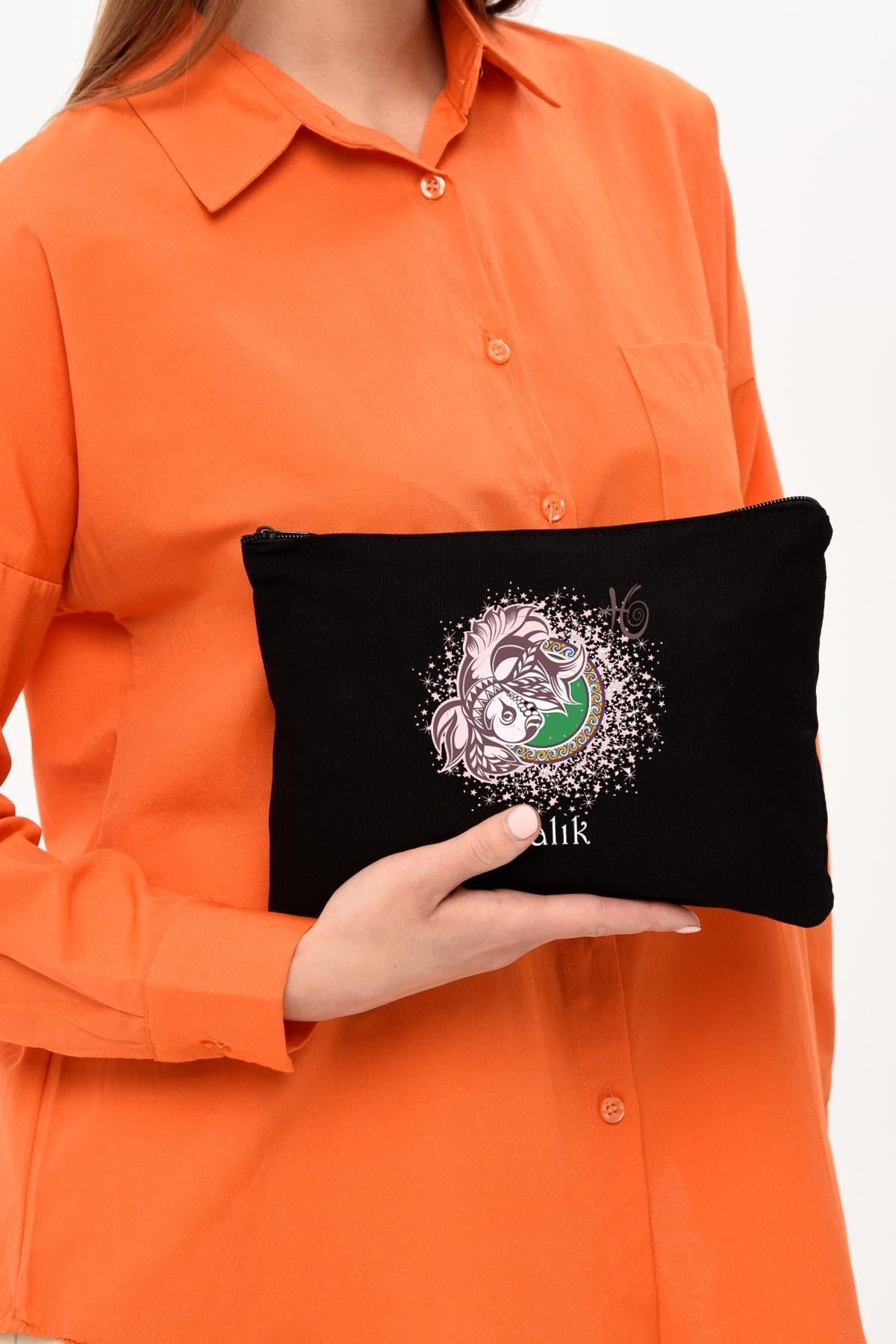 Clutch Burç Serisi - Balık Baskılı SİYAH Kanvas Makyaj Çantası