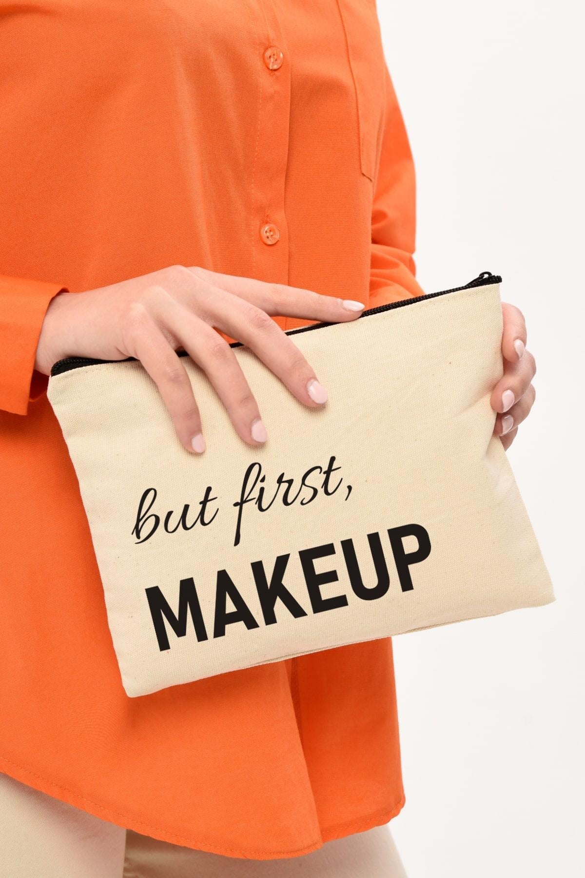 Clutch But First Makeup Baskılı Kanvas Makyaj Çantası